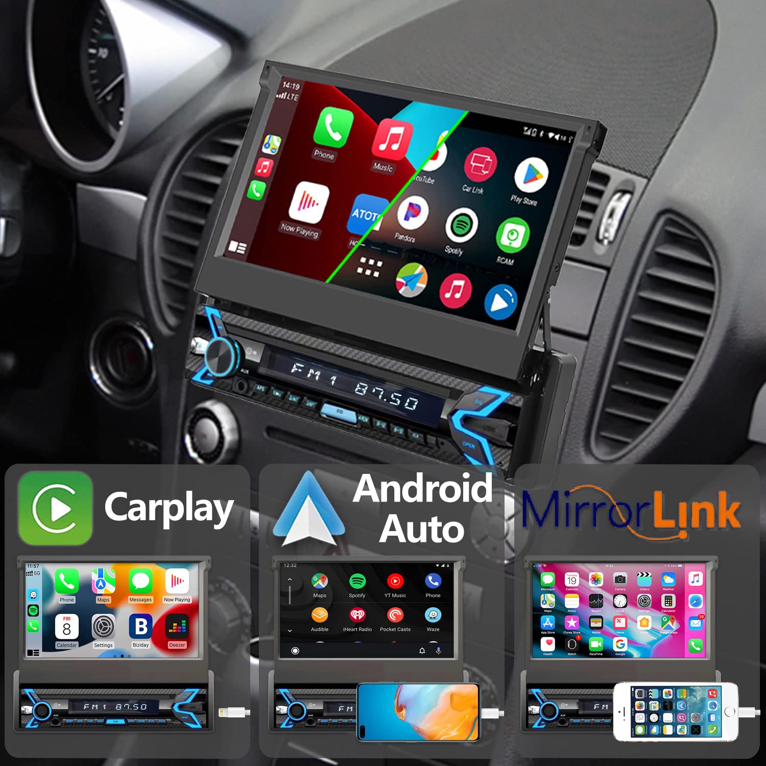 Naifay Single Din Car Stereo Compatible With Apple Carplay & Android Auto, 7Inch Flip Out Touchscreen Car Radio With Bluetooth F
