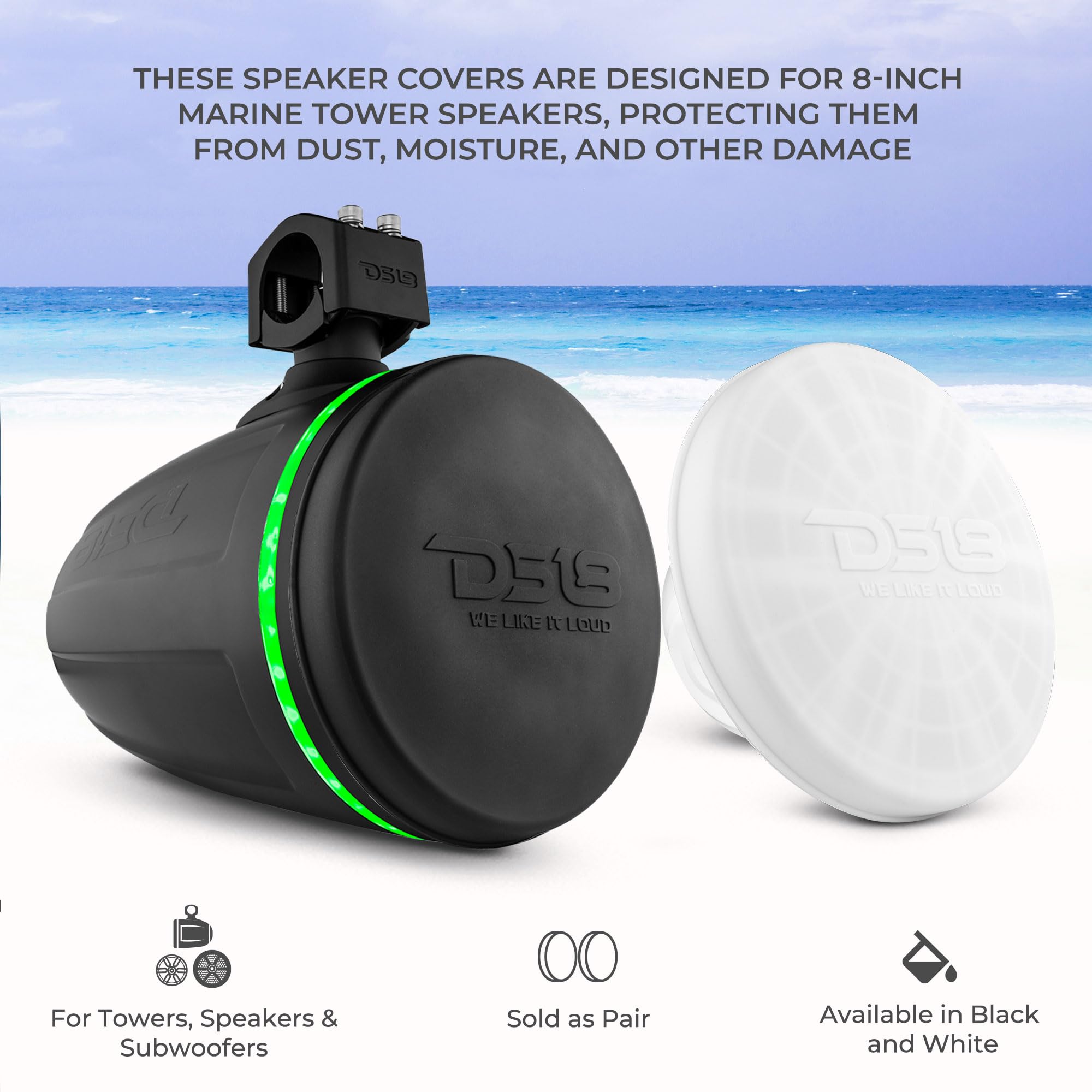 Ds18 Hydro Cs 8/Wh 8'' Silicone Marine Speaker Cover   Water, Dust And Uv Rays Protection   Compatible With Tower Speakers   Gre