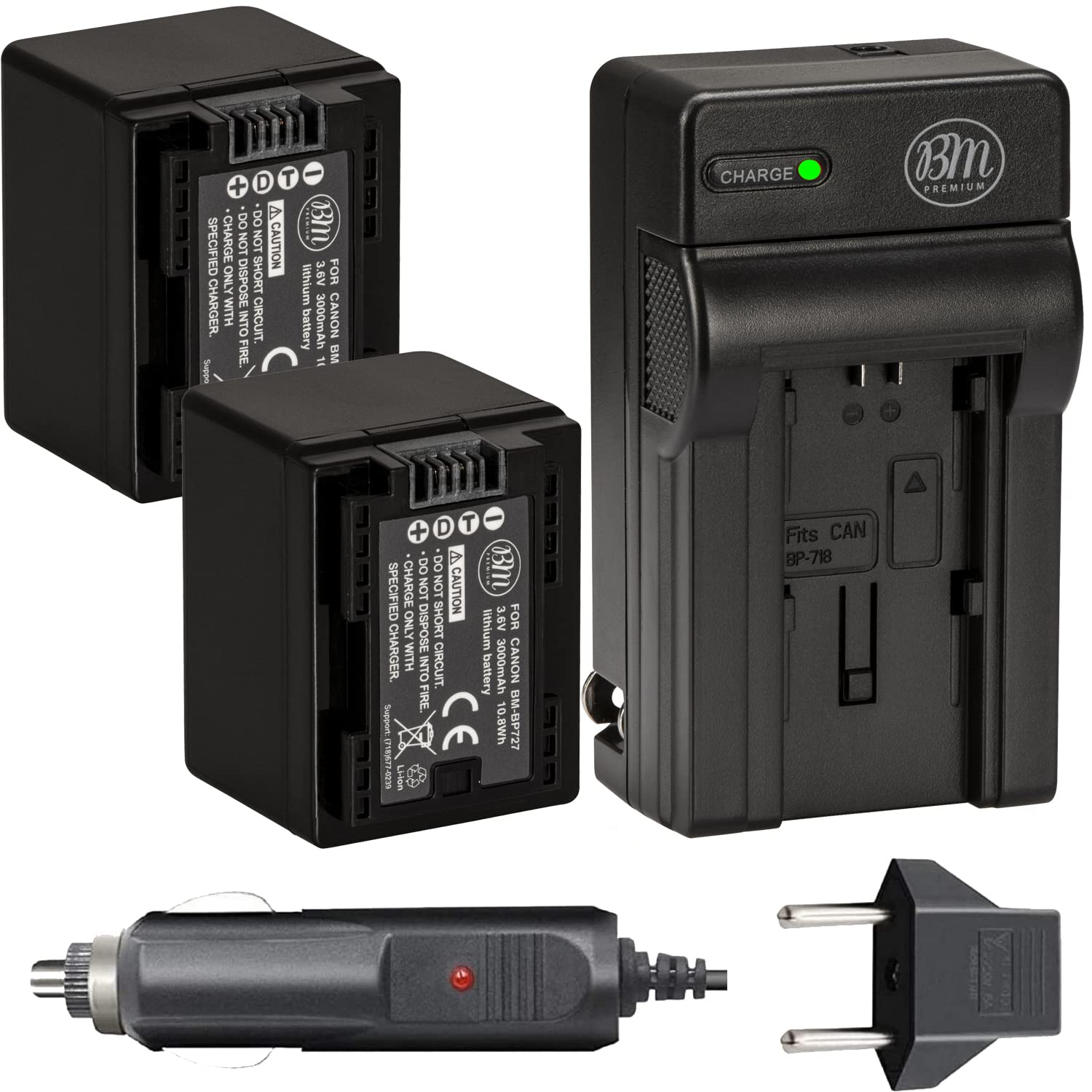 BM Premium 2 BP 727 Batteries and Charger for Canon Vixia HFR80, HFR82, HFR800, HFR70, HFR72, HFR700, HFM500, HFR30, HFR32, HFR300, HFR40, HFR42, HFR400, HFR50, HFR52, HFR500, HFR60, HFR62, HFR600