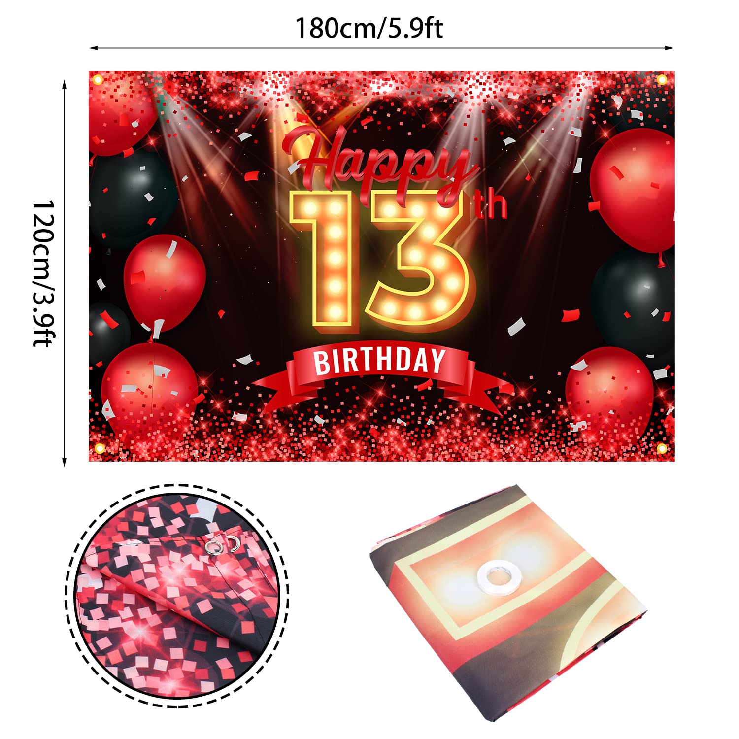 Happy 13Th Birthday Banner Backdrop Red And Black 13 Years Old Background Bday Decorations For Girls Boys Photography Party Supp