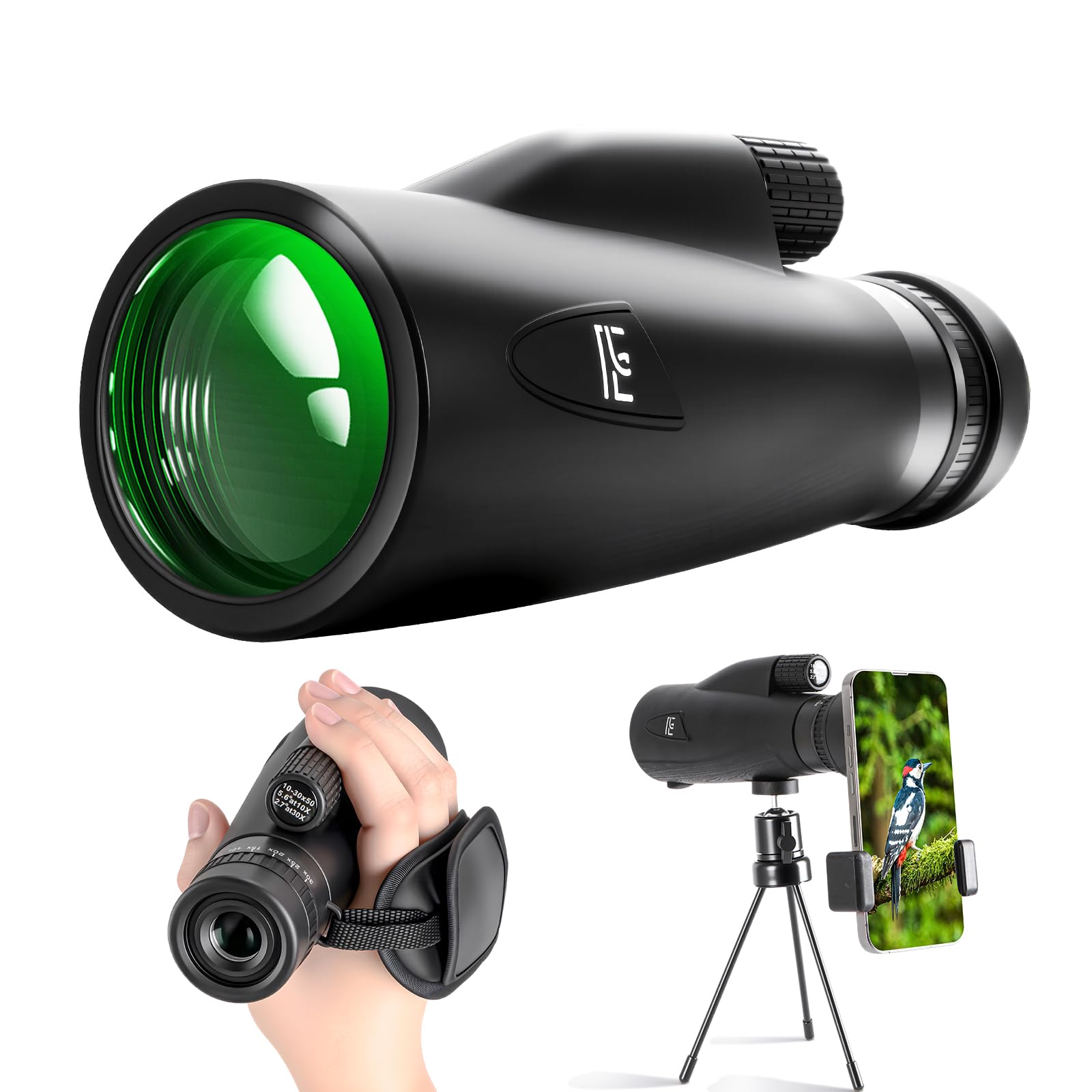 10-30x50 Zoom Monocular Telescope with Smartphone Holder, Hand Starp & Tripod, High Powered FMC & BAK4 Scope, Birthday Gifts for