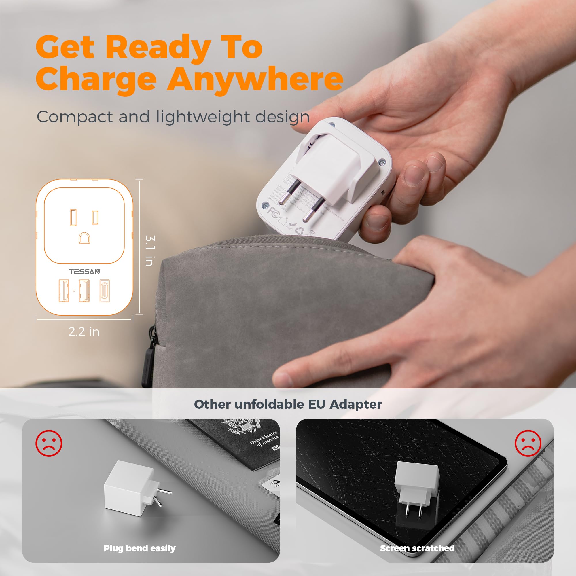 Tessan European Travel Plug Adapter Usb C, Europe Adapter With 4 Outlets And 3 Usb(1 Usb C Pd 20W), International Foldable Plug