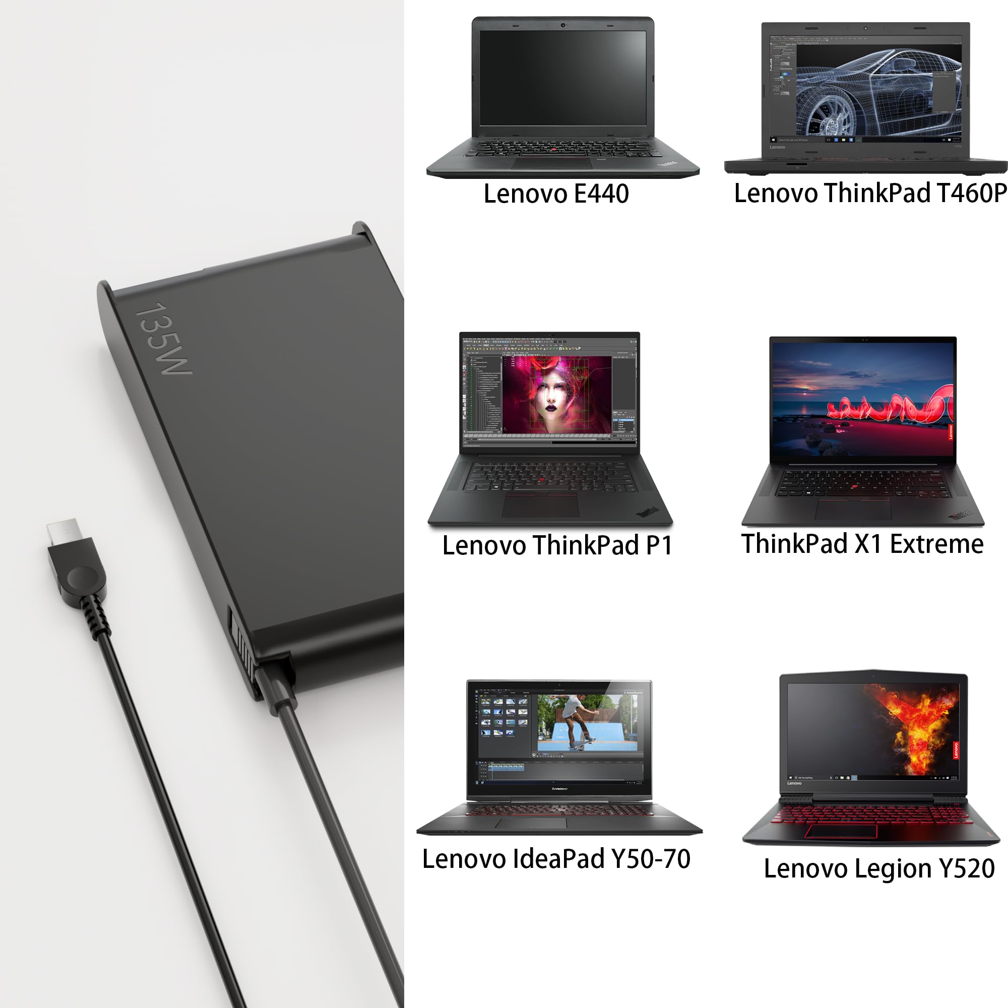 ?Newest Slim 20V 6.75A 135W Ac Adapter Fit For Lenovo Thinkpad X1 P1 P15V T15P Thinkpad T440P T470P T540P Ideapad 3 700 L340 Legion Y50 Y520 Y530 Y7000P Adl135Ndc3A Adl135Ndc2A 135W Lenovo Charger