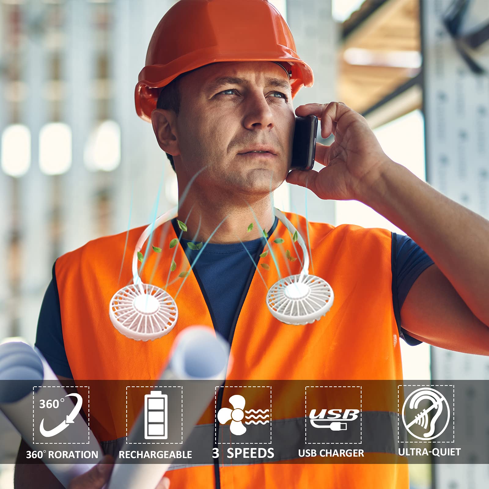 Neck Fan, Rechargeable Battery Operated Portable Fan 2600Mah, Hands Free Personal Fan Hang Around Neck Fans, Wearable Small Fan