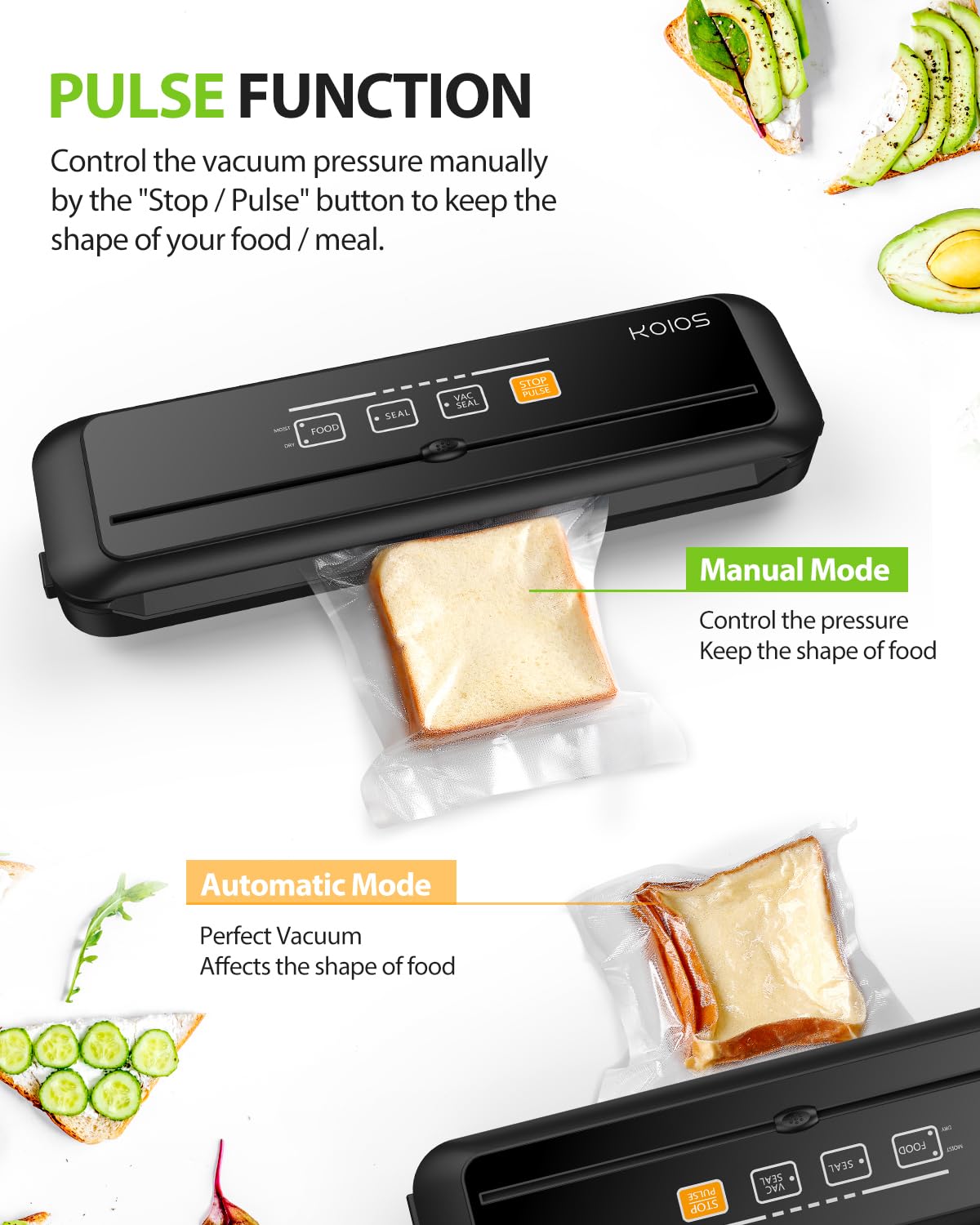 Koios Vacuum Sealer Machine, 90Kpa Automatic Vacuum Air Food Sealer/Built-In Cutter Starter Kit, Dry & Moist Food Preservation M