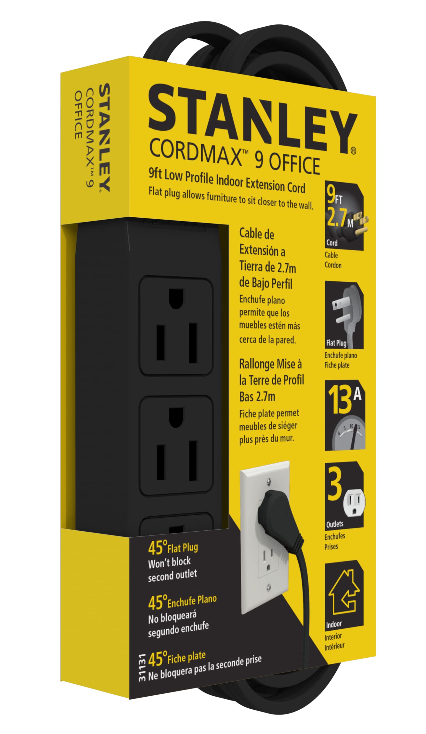 Stanley 31131 Cordmax Office, Grounded 9Ft Low Profile 3 Outlet Indoor Extension Cord, Black
