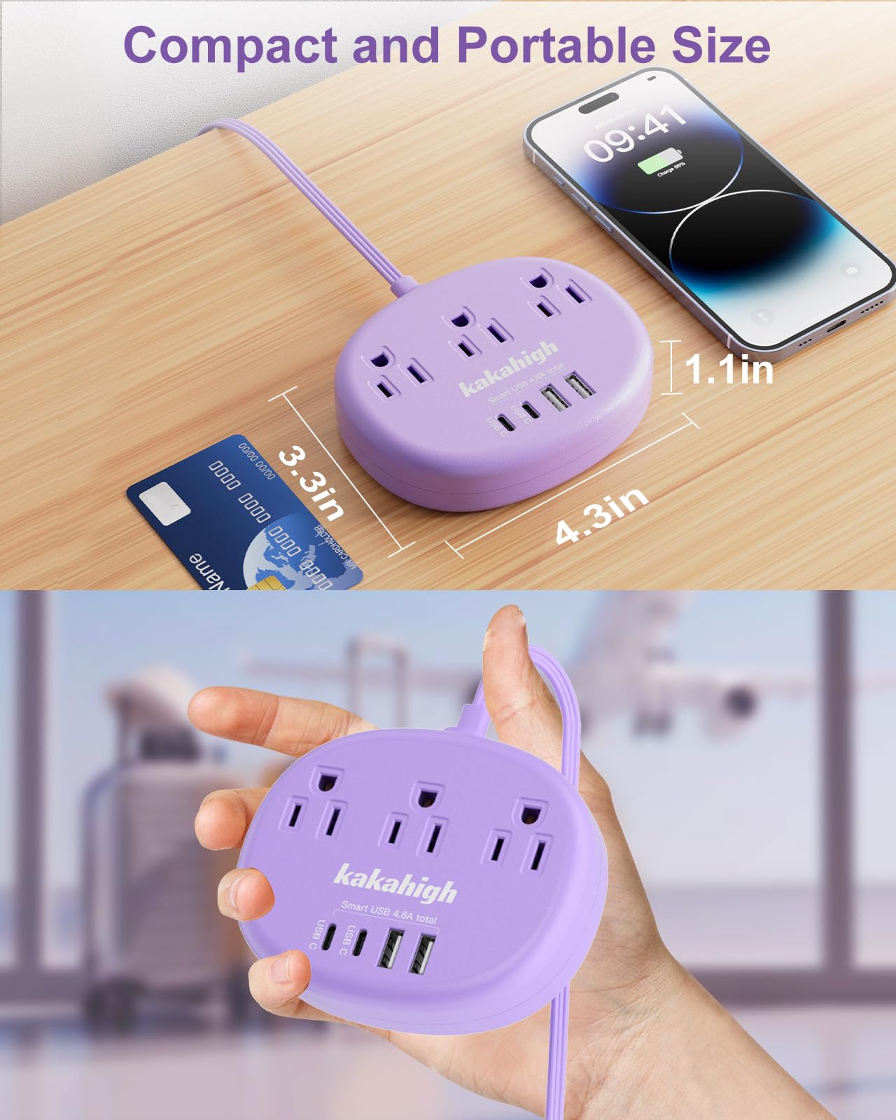 Purple Extension Cord With Surge Protected 1080J   5 Ft Flat Extension Cord, 1625W Cute Extension Cord With 3 Ac Outlet 4 Usb (2