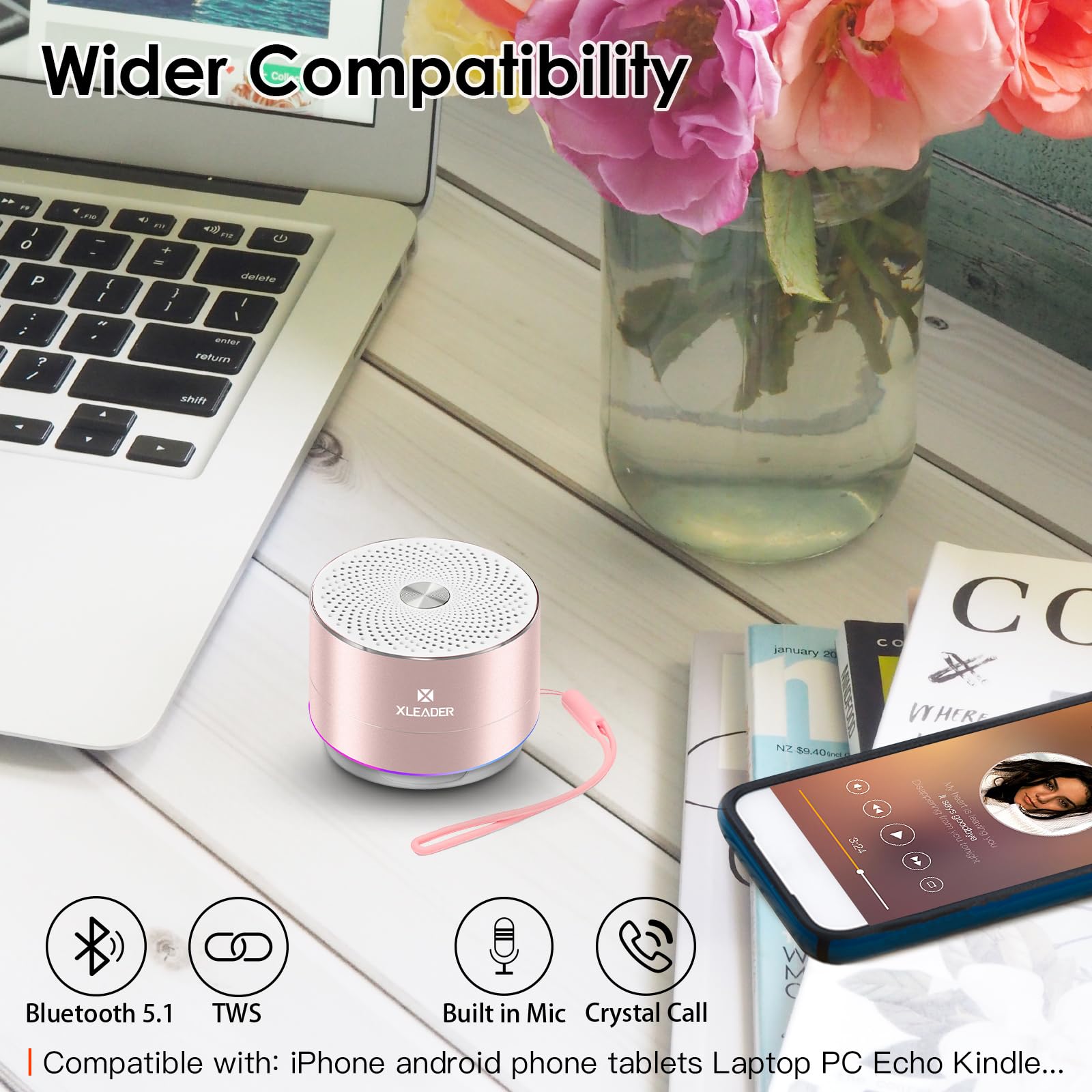 Xleader A6 Mini Bluetooth Speaker, Ipx7 Waterproof Shower Speaker With Lanyard, Small Speaker With Lights And Mic, Cute Pink Blu