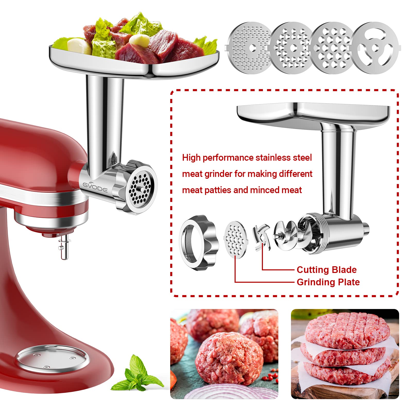 Stainless Steel Meat Grinder For Kitchenaid Mixer, Meat Grinder Sausage Stuffer Machine With 4 Grinding Plates, 3 Sausage Stuffe