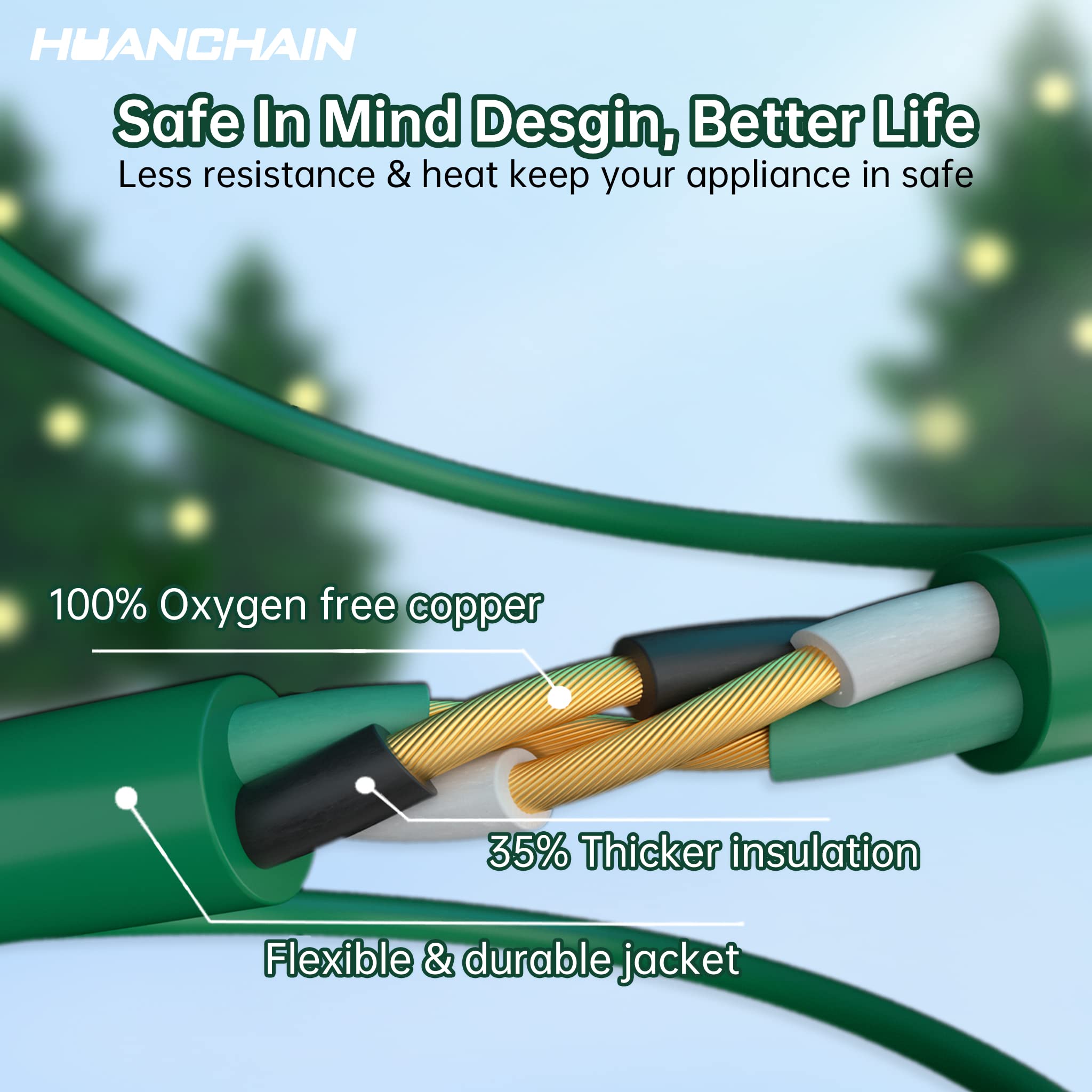 Huanchain Indoor Outdoor Green Extension Cord 50 Ft Waterproof, 16/3 Gauge Flexible Cold Resistant Appliance Extension Cord Outs
