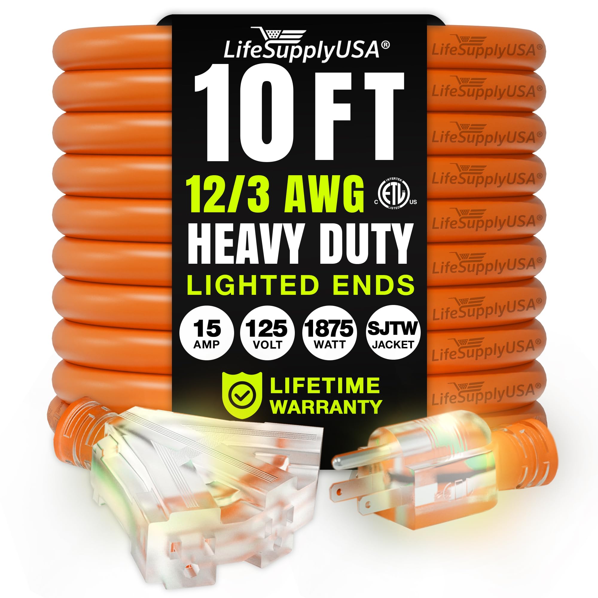 10Ft Power Outdoor Extension Cord & Indoor   Waterproof Electric Drop Cord Cable   3 Prong, 3 Outlet, Sjtw, 12 Gauge, 15 Amp, 12
