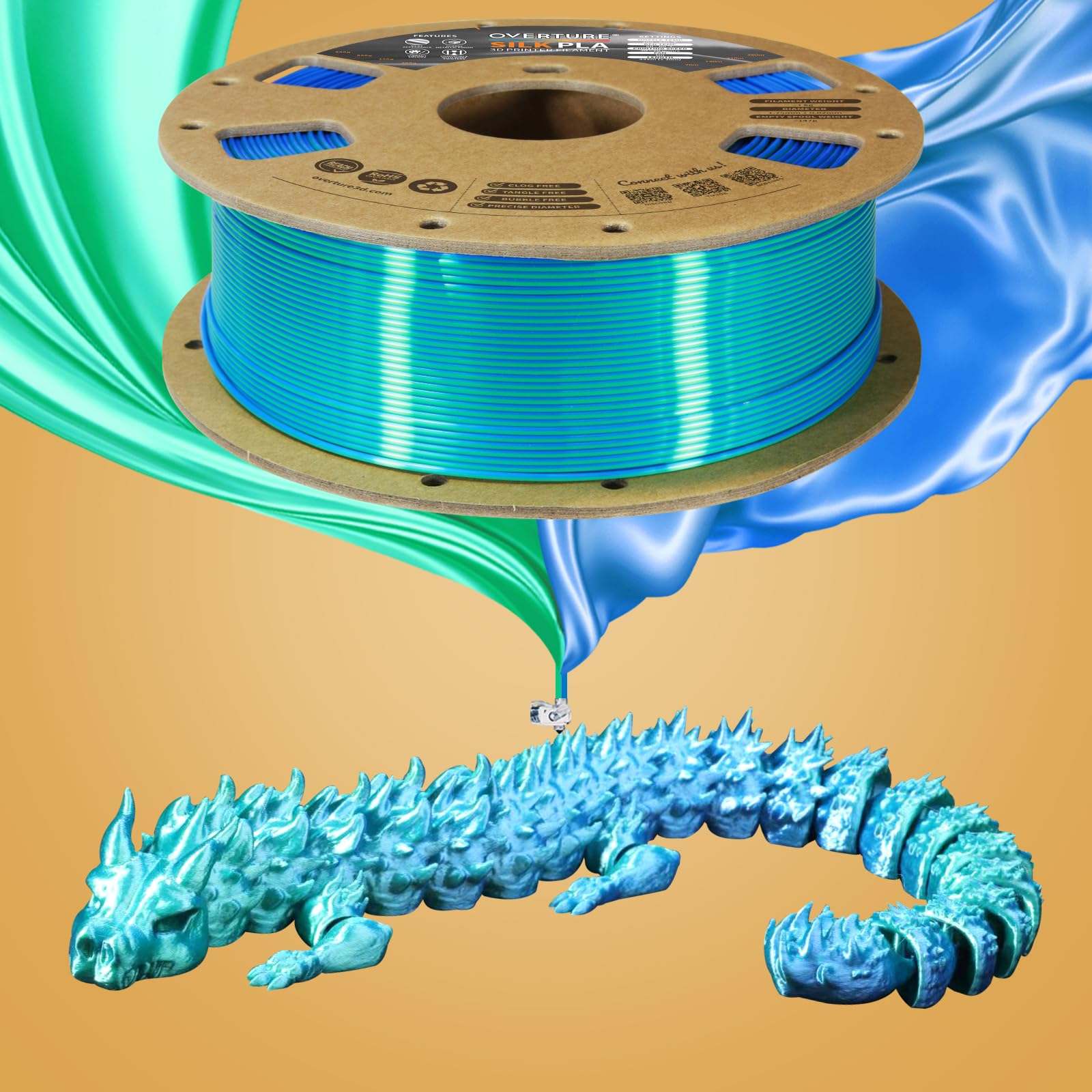 Overture Silk Pla 1.75Mm Dual Color Filament, Clog Free Shiny 3D Printer Filament, 1Kg Spool(2.2Lbs), Dimensional Accuracy +/  0