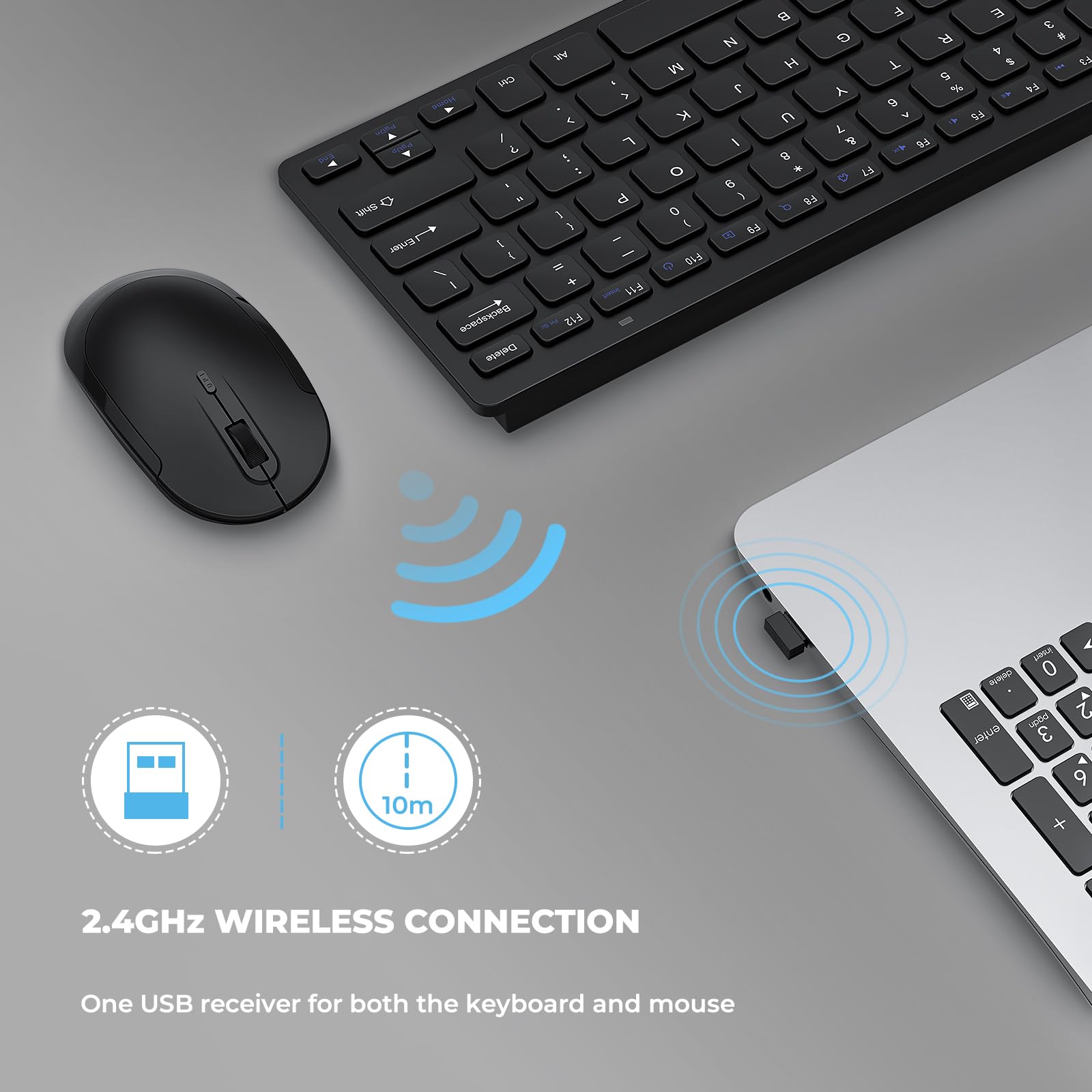 Compact Wireless Keyboard Mouse, 2.4Ghz Ultra Thin Small Wireless Keyboard Mouse Combo For Desktop, Laptop (Black)