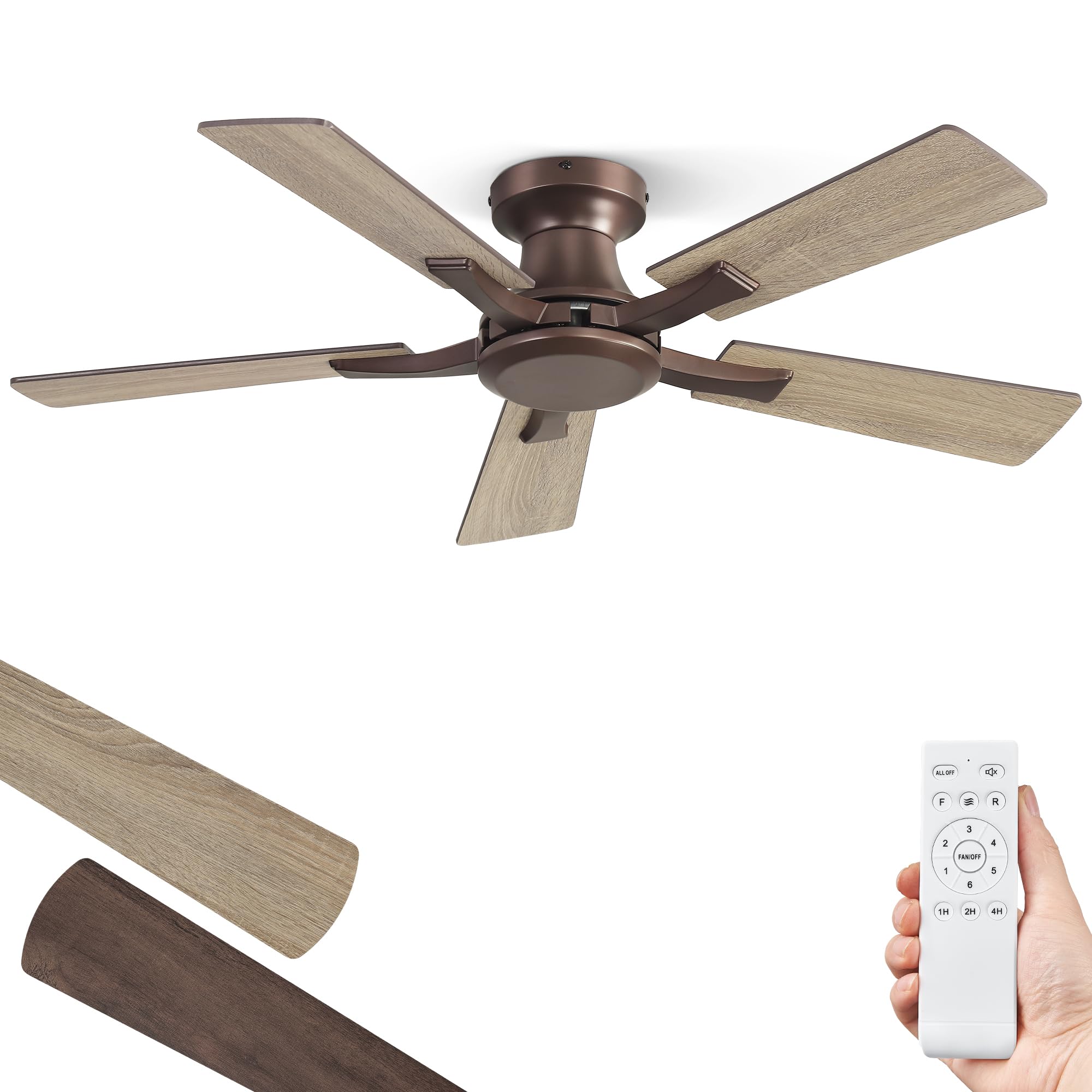 ZMISHIBO 42 Inch Ceiling Fan No Light, Flush Mount Low Profile, Farmhouse Brown Ceiling Fan Without Light, Remote Control & Quie