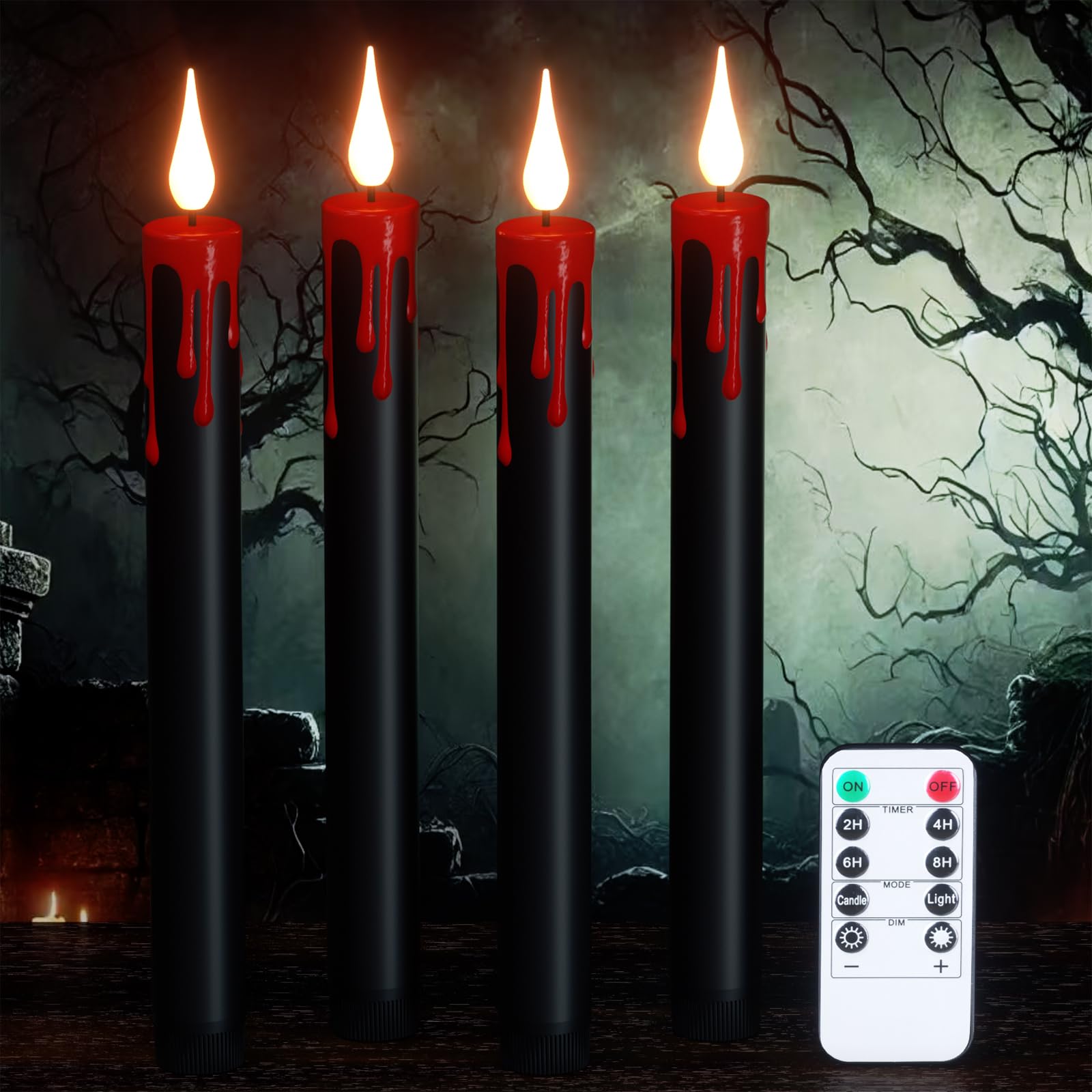 Lasumora Halloween Black Flameless Taper Candles Flickering With Remote Timer, Battery Operated Led Taper Candle, 4 Pcs Drip Wax