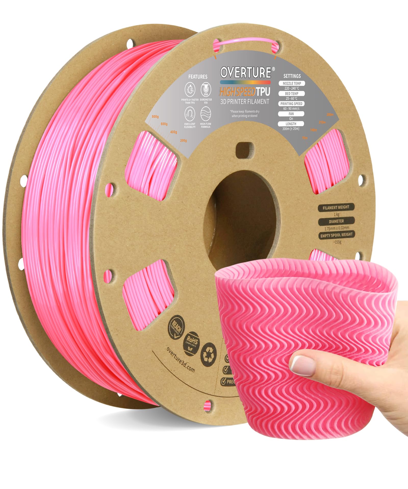 Overture Tpu High Speed Filament 1.75Mm Flexible 95A Tpu Roll, 3D Printer Filament,Dimensional Accuracy +/  0.02 Mm, Fit Most Fd