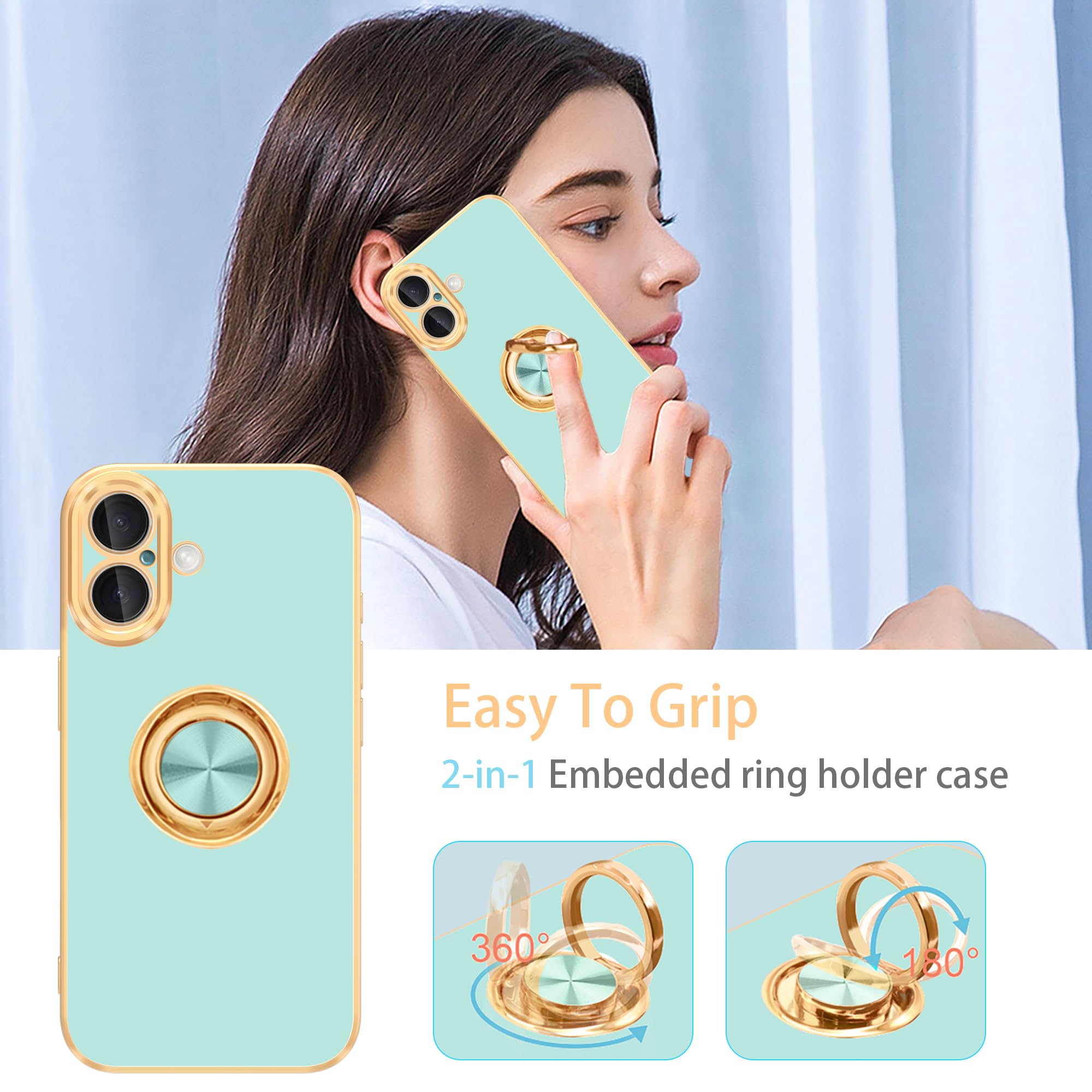 Fingic For Iphone 16 Phone Case[With 360 Ring Holder][Support Magnetic Car Mount] Cute Kickstand Slim Women Girls Nonslip Hard P