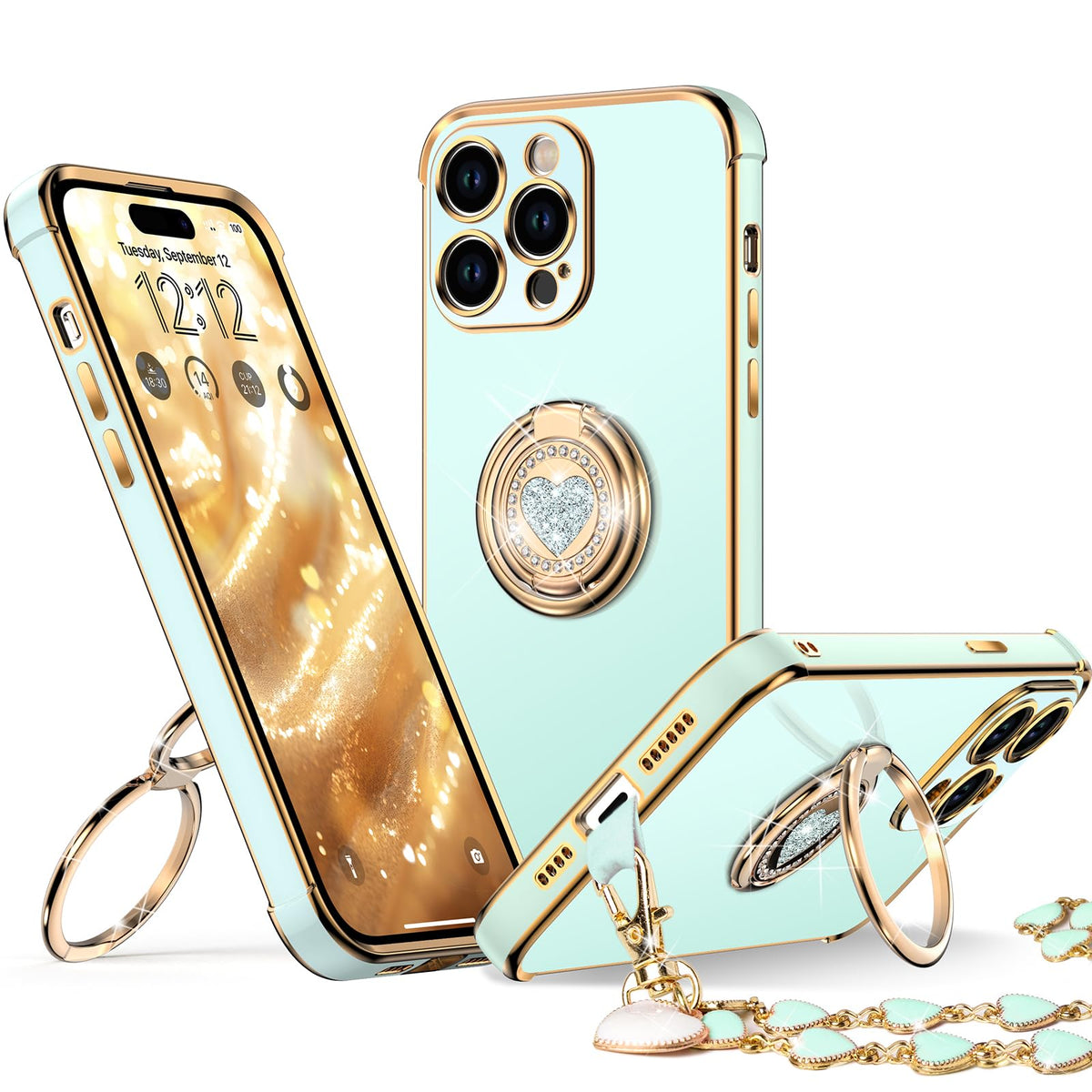 Xyz For Iphone 15 Pro Max Case With Stand, Phone Case With Double Ring Kickstand, Women Girl Cute Love Heart Luxury Bling Protec