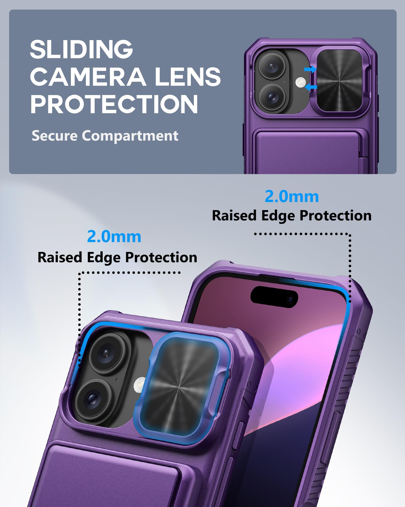 Atatoo For Iphone 16 Case Wallet With Card Holder (Store 3 5 Cards) & Slide Lens Cover, Military Grade Protection, Rugged Shockp