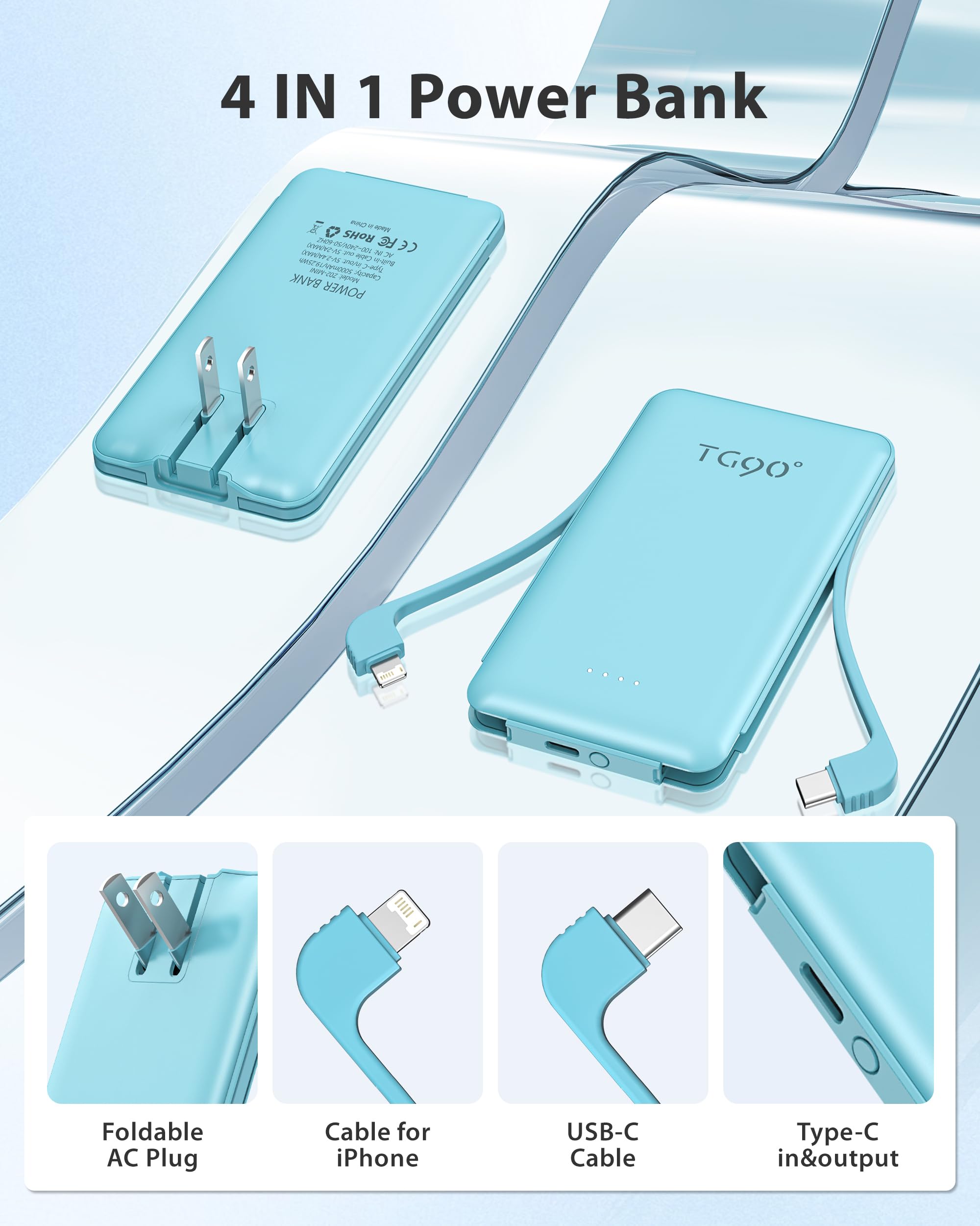 Tg90 5000Mah Portable Charger With Built In Foldable Ac Wall Plug And Cables, Usb C Ultra Small Power Bank External Battery Pack