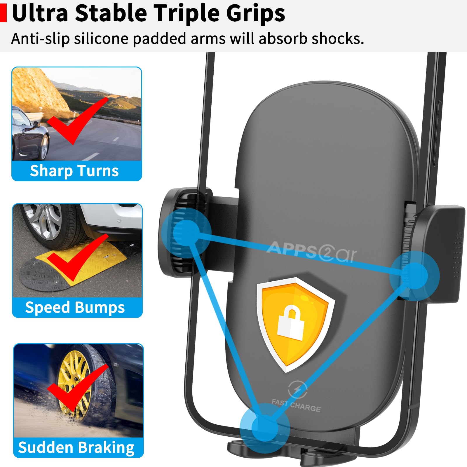 Apps2Car Sturdy Cd Slot Phone Mount Upgraded Wireless Charger 15W With One Hand Operation Design, Hands-Free Car Phone Holder Co