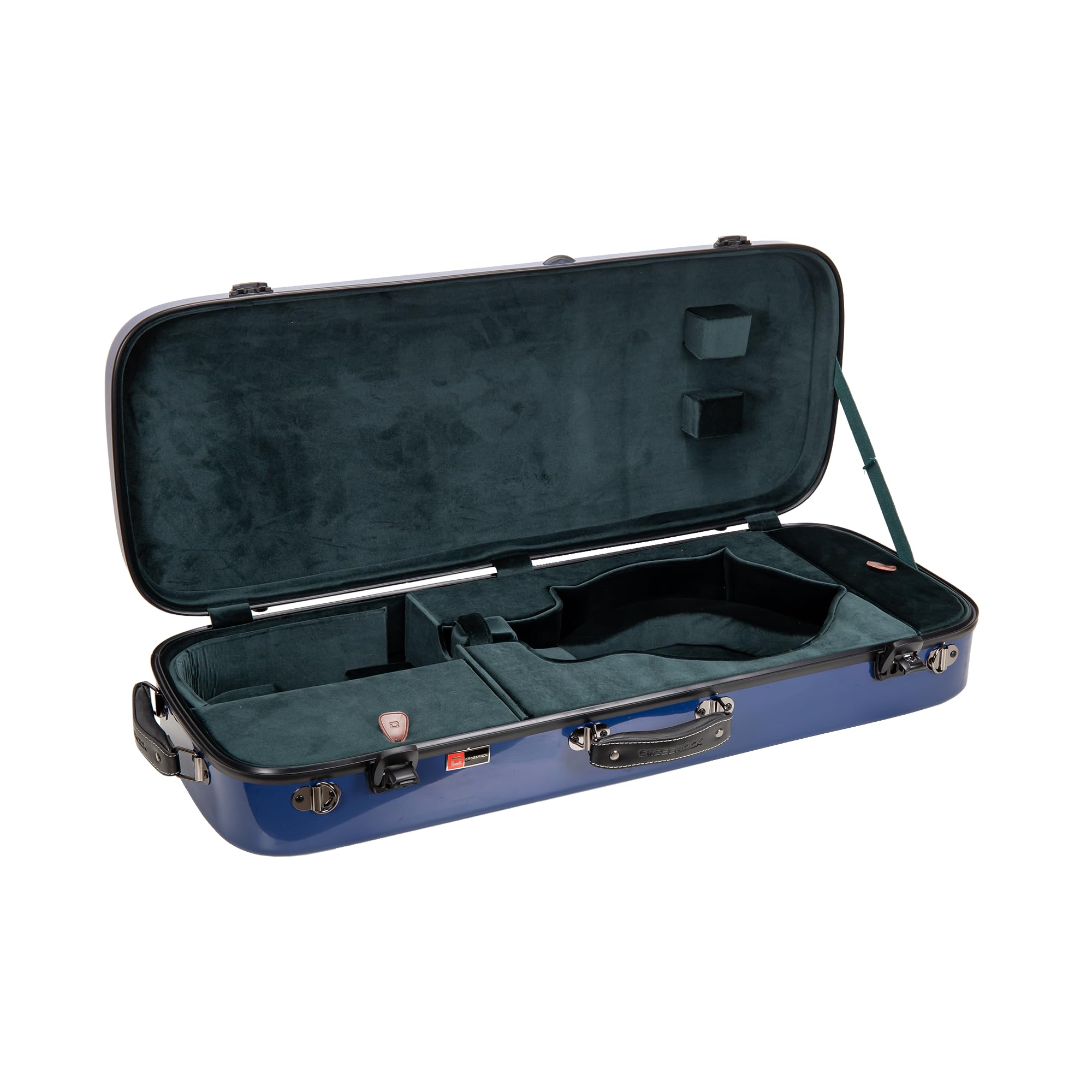 Crossrock Fiberglass Mandolin Case - Oblong For F-Style (Fits Gibson F5) | Navy Blue Gloss Finish, Forest Green Velvet, Tsa Lock