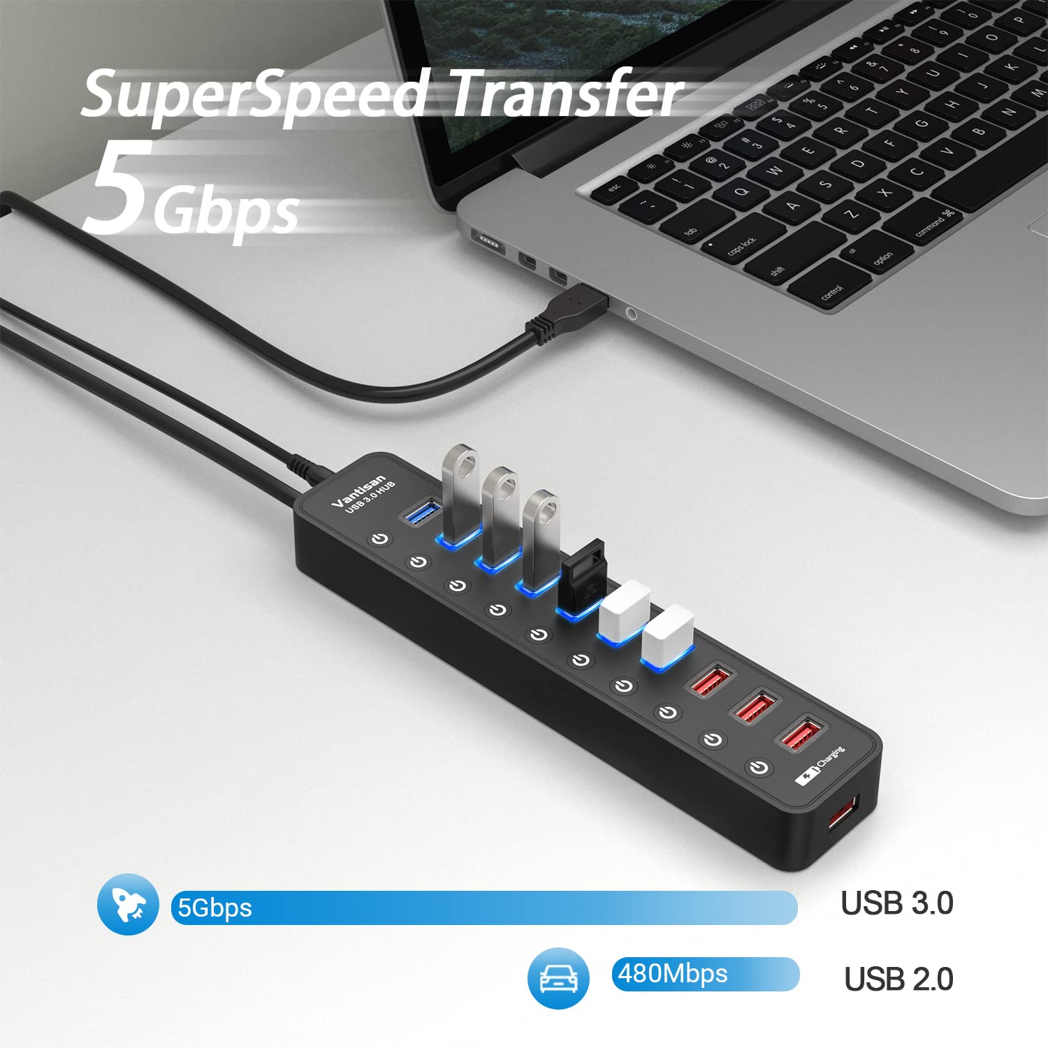 Vantisan Powered Usb 3.0 Hub, 11 Port Usb Hub Splitter Extension 7 Usb 3.0 Data Ports + 4 Smart Charging Ports With Individual L