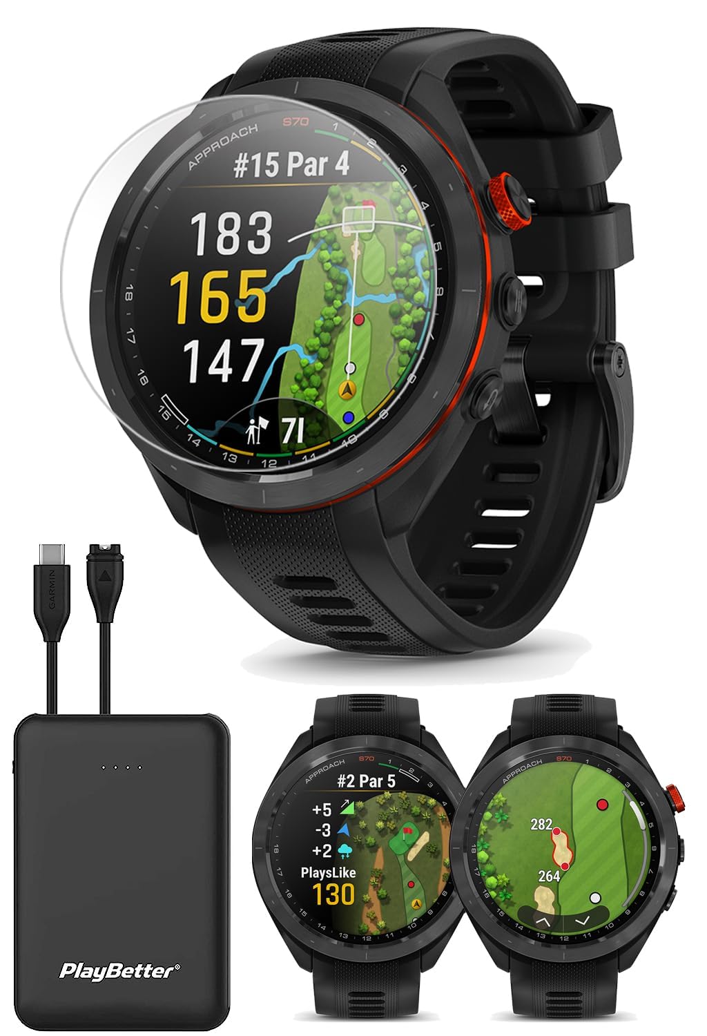 Garmin Approach S70 (Black, 47mm) Golf GPS Watch Bundle - AMOLED Display, Virtual Caddie & PlaysLike Distance - Includes PlayBet