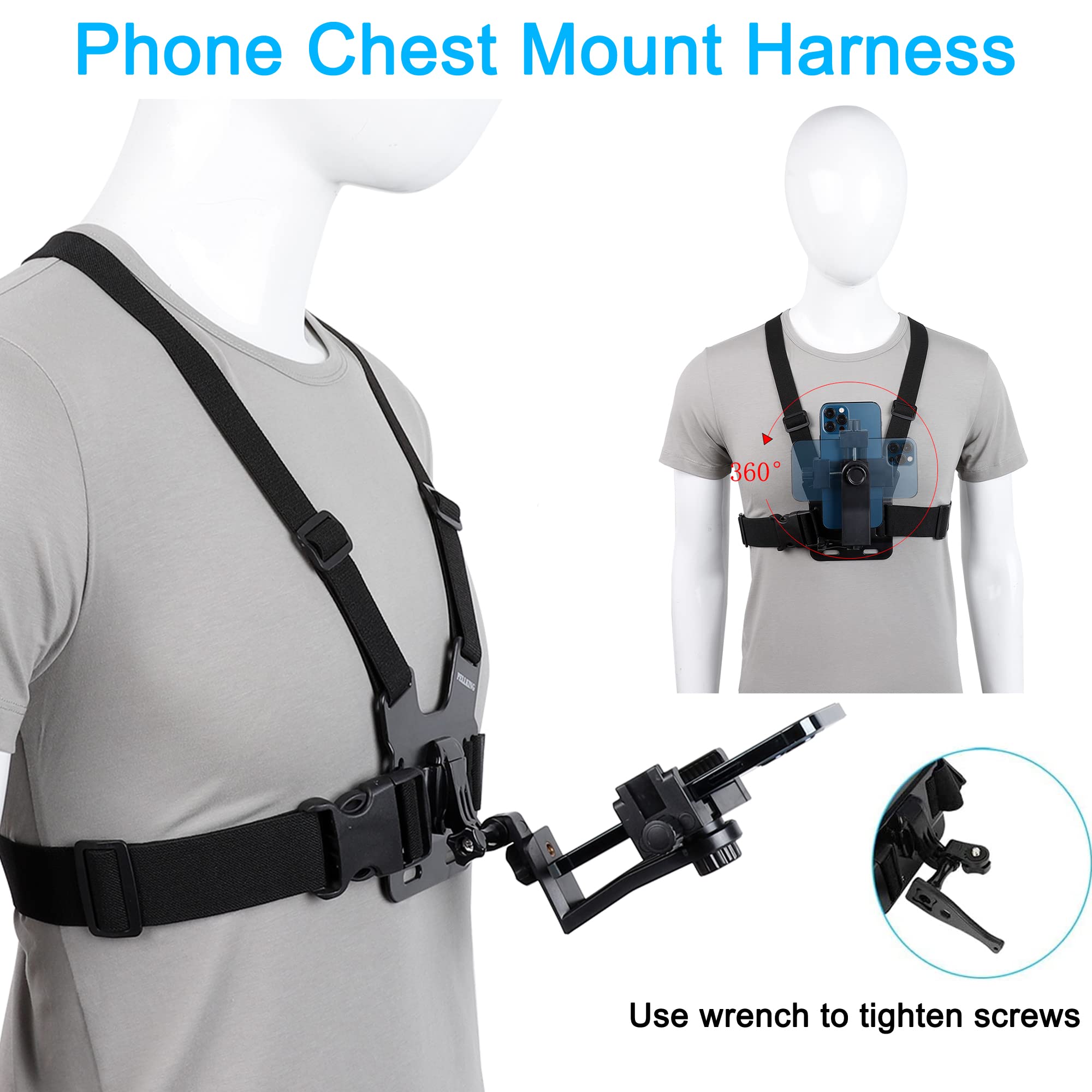 Pellking Phone First Person Perspective Shooting Mount,Accesssory Kit With Chest Mount/Head Mount/Neck Holder/Backpack Strap Mount,For Iphone Samsung Oneplus And Gopro Action Camera More
