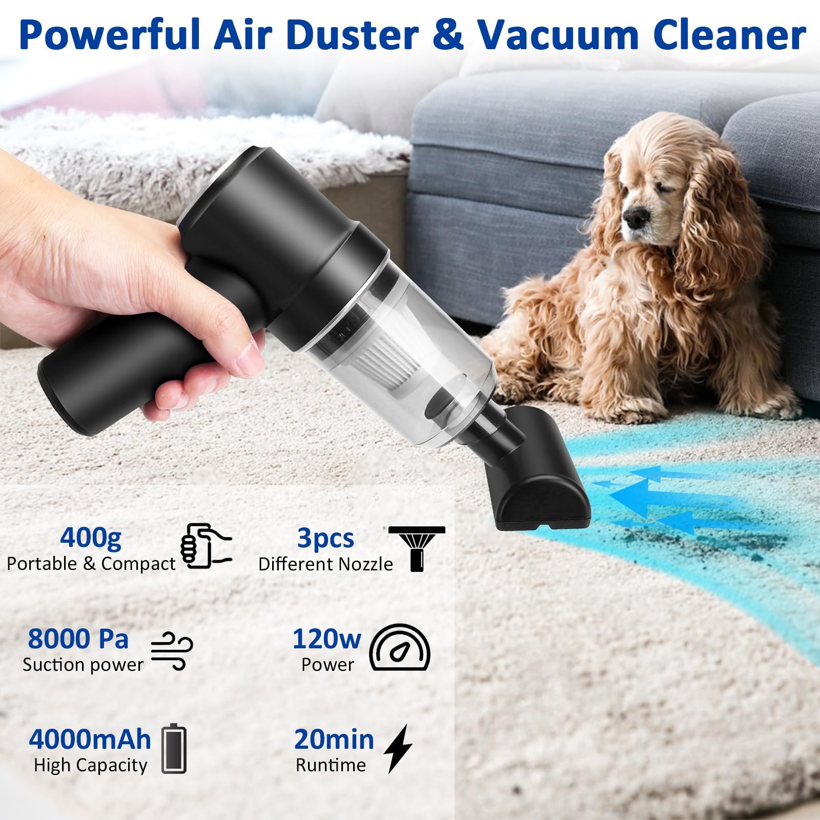 Handheld Vacuum Cordless, 8000Pa Mini Vacuum Cleaner Desk Vacuum, 120W High Power Car Vacuum 2 In 1 Air Duster, Keyboard Vacuum