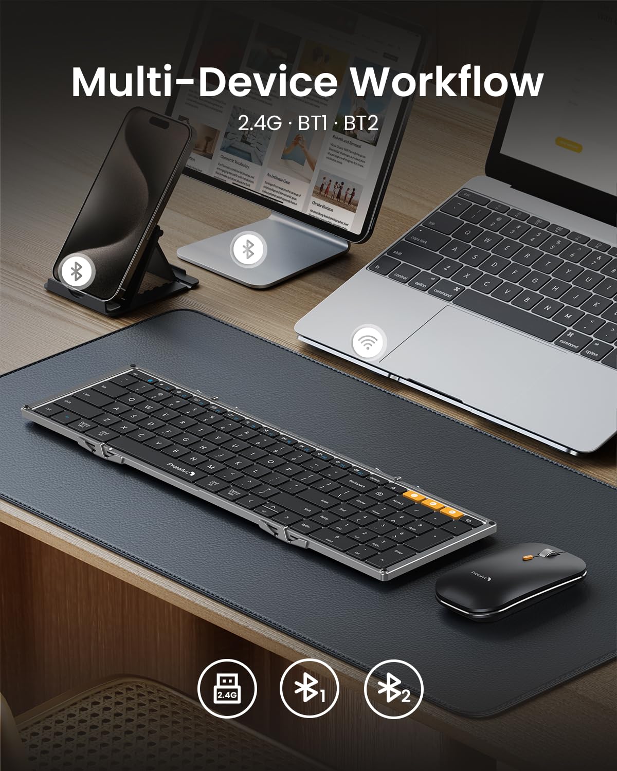 Protoarc Foldable Keyboard And Mouse, Xkm01 Folding Bluetooth Keyboard Mouse Combo For Business And Travel, 2.4G+Dual Bluetooth