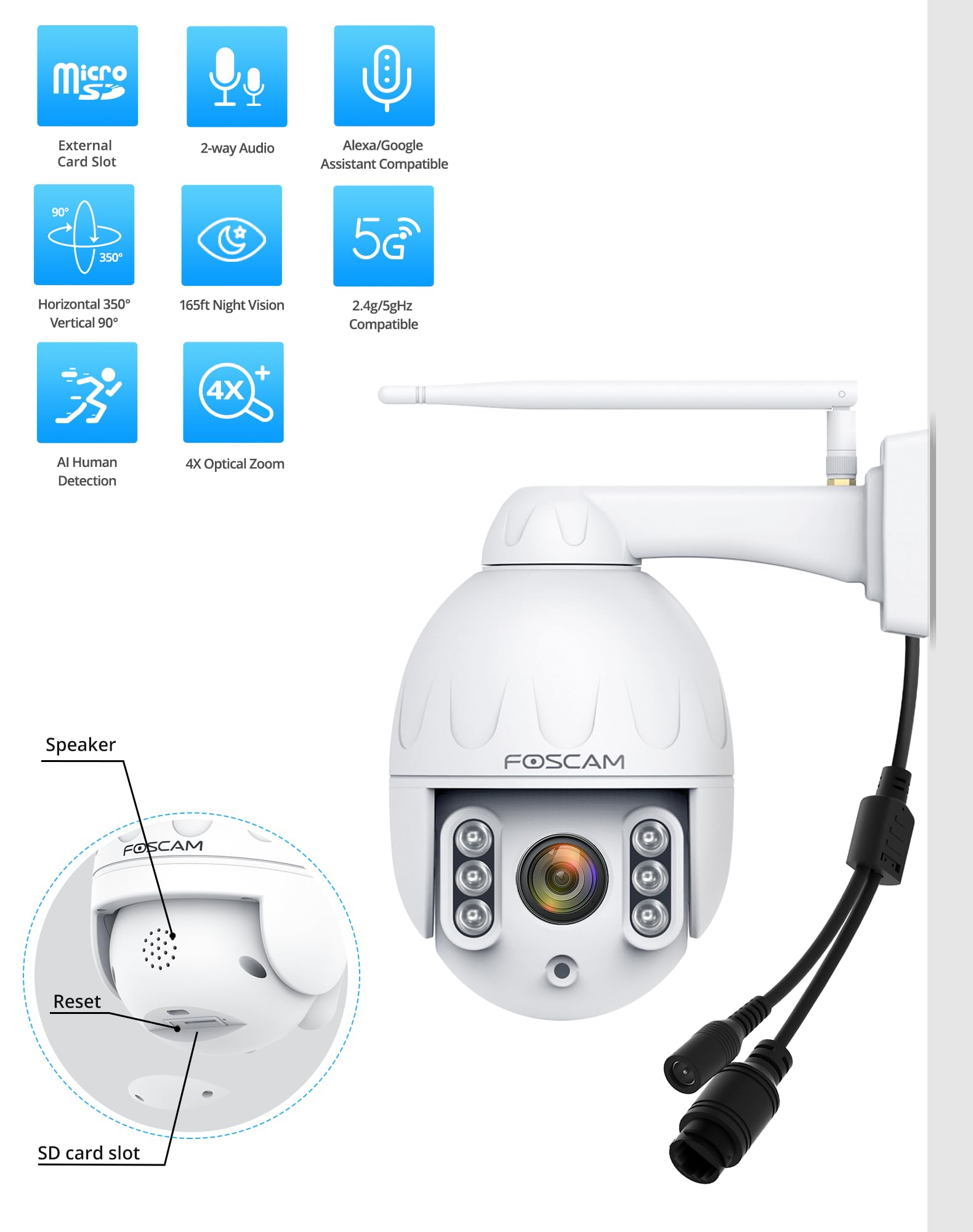 Foscam Sd4 2K 4Mp Outdoor Security Camera, 5G/2.4Ghz Wifi Ptz Ip Surveillance Camera With 4X Optical Zoom, Smart Ai Human Detect