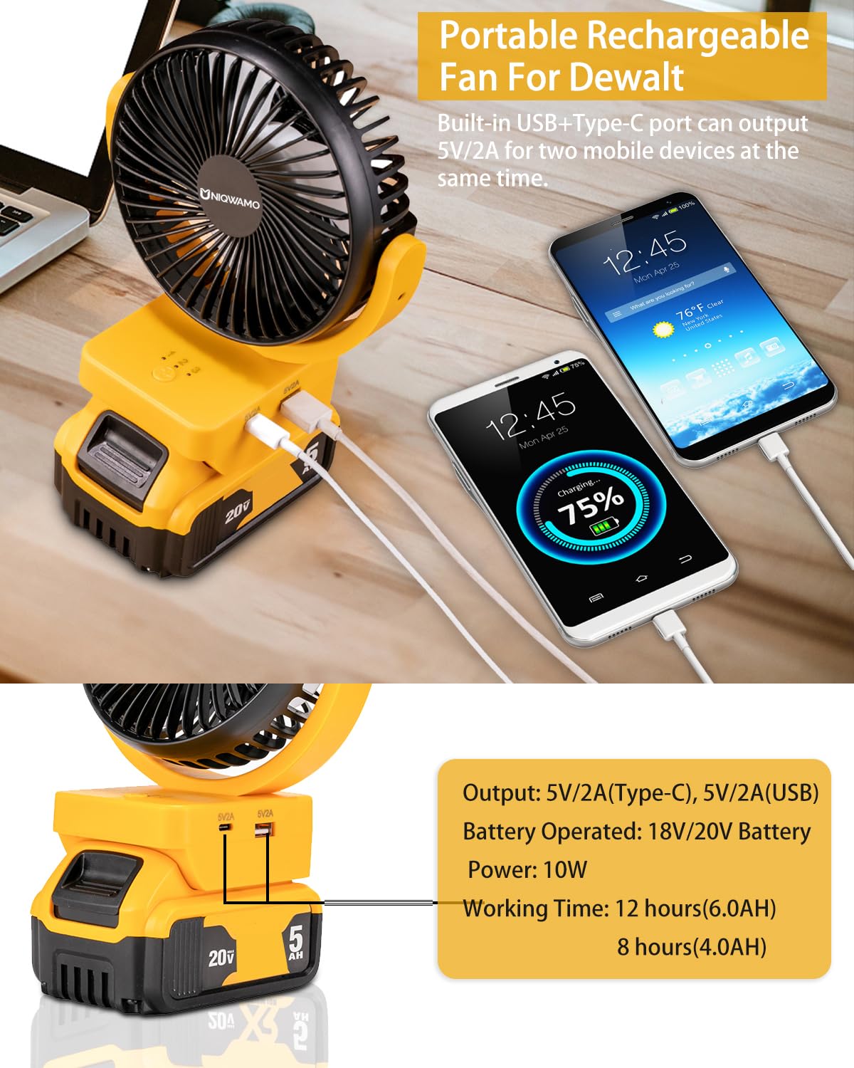 Uniqwamo Jobsite Battery Operated Fan For Dewalt 20V/60V Max Dcb204 Dcb205 Dcb206 Dcb203 Dcb201 Dcb207 Dcb180 Dcb181 Lithium Ion