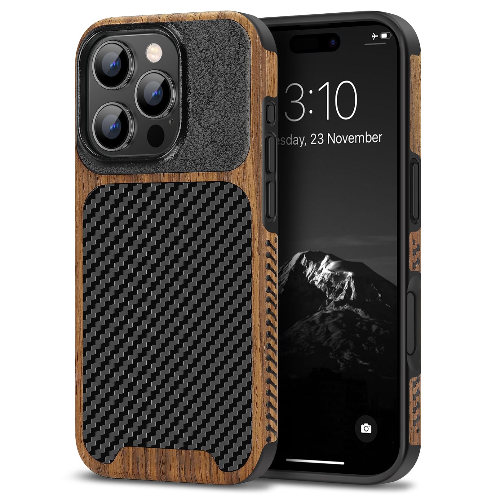 TENDLIN Compatible with iPhone 16 Pro Phone Case Wood Grain with Carbon Fiber Texture Design Leather Hybrid Slim Case (Black)