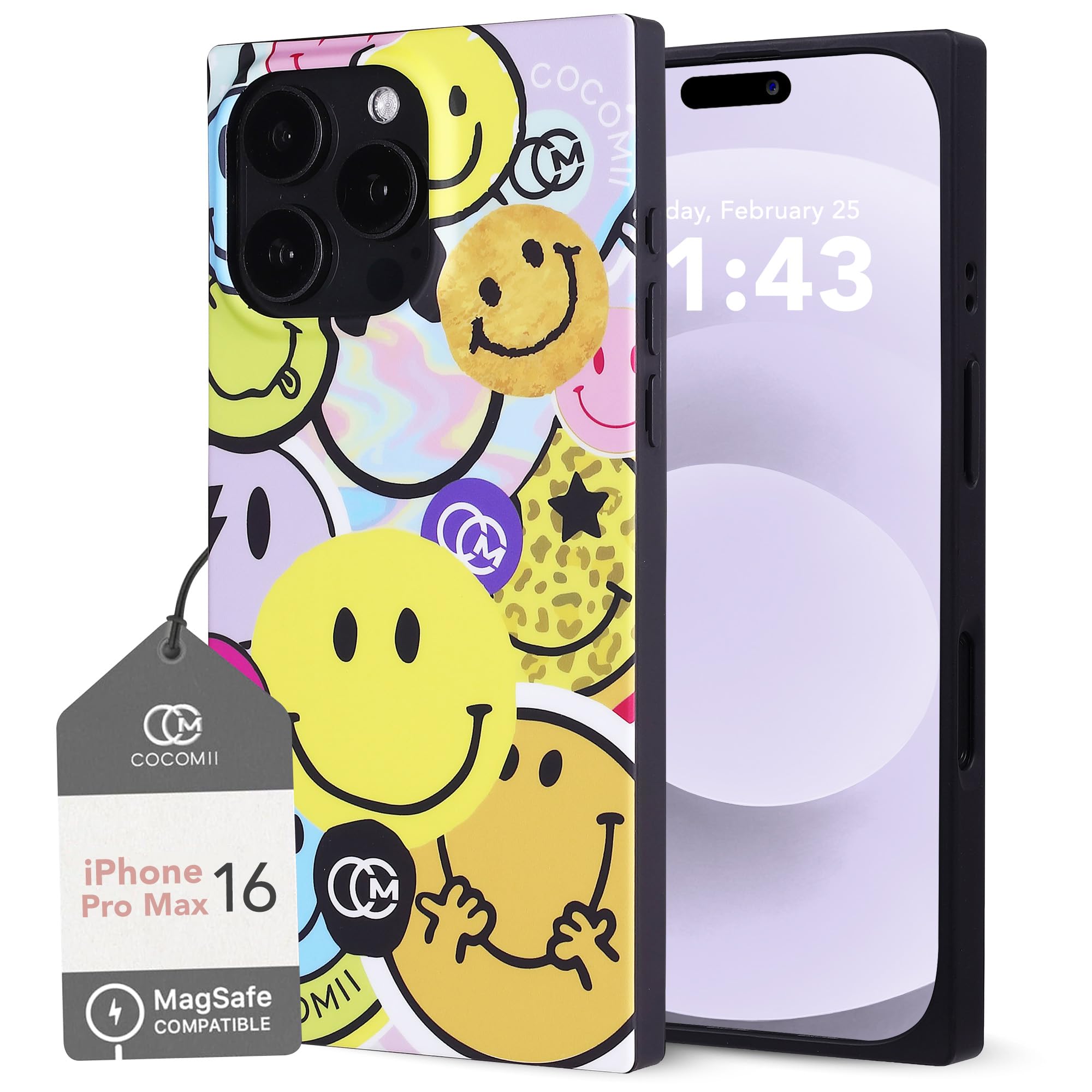 COCOMII Rectangle Case for iPhone 16 Pro Max, Compatible with MagSafe, Happy Icons