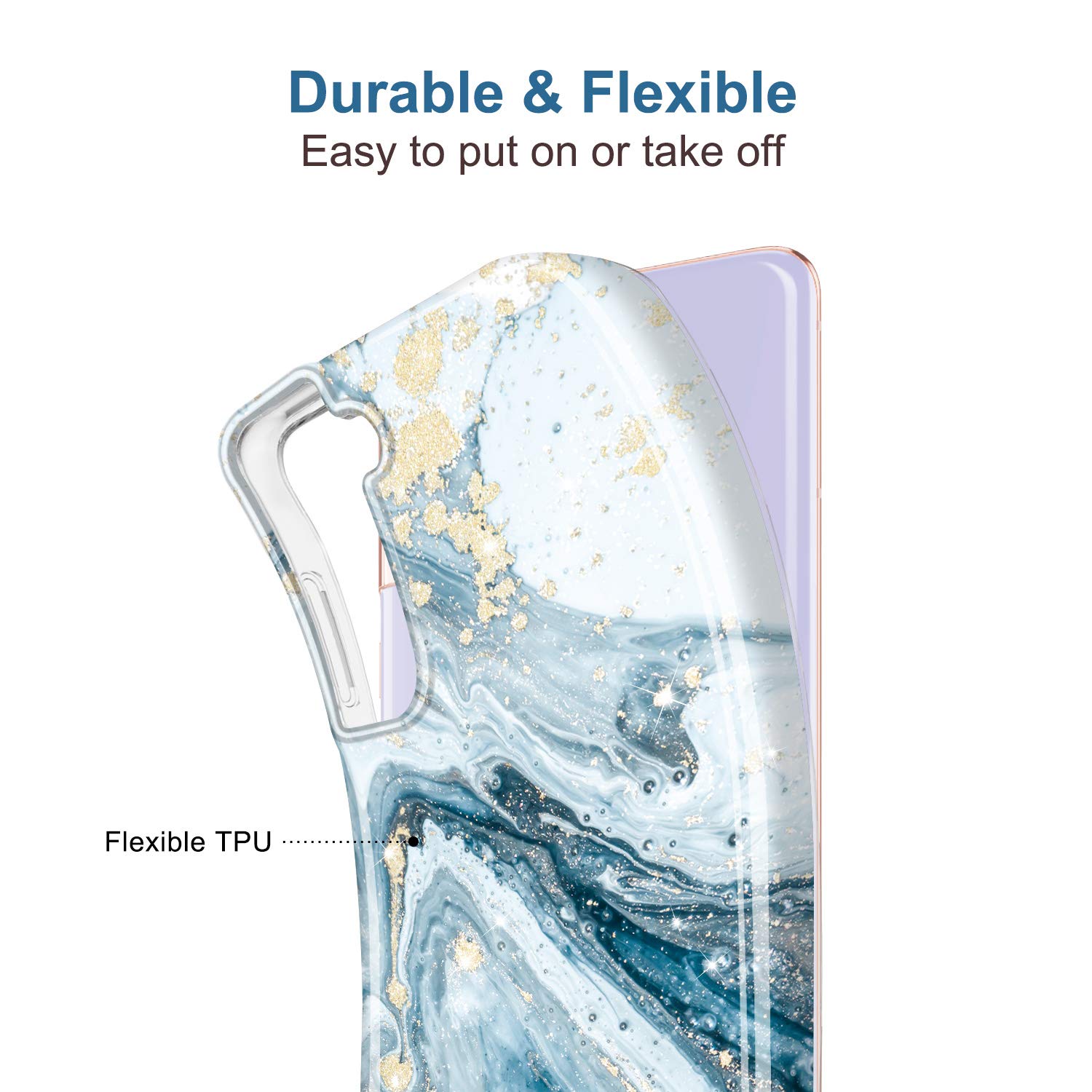 JIAXIUFEN Galaxy S21 Gold Sparkle Glitter Marble Slim Shockproof TPU Phone Case Blue 6.2 inch