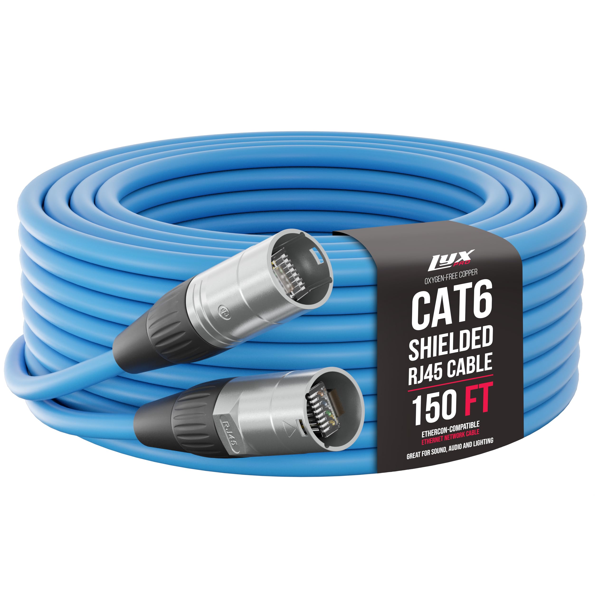 Lyxpro 150 Feet Shielded Cat6 Ethercon Cable   Professional Audio & Lighting Rj45 Cable, Studio Grade Sound Transmission, Extreme Durability   Blue