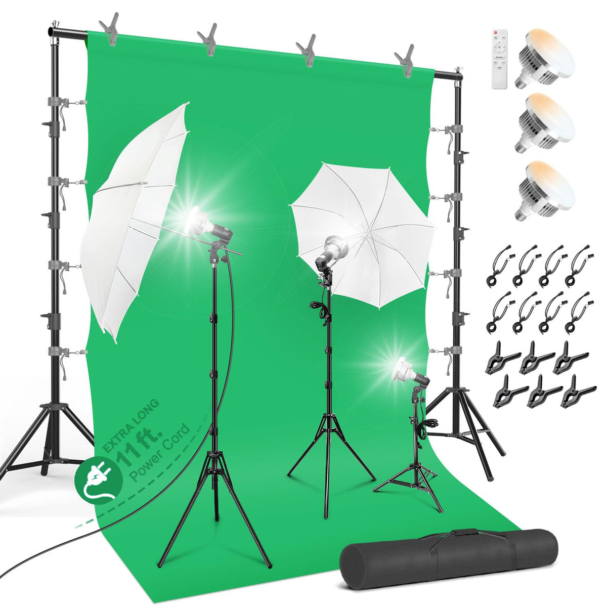 LimoStudio 10 x 9.6 ft. Heavy Duty Backdrop Stand / 10 x 20 ft. Green Background Screen / 700W Continuous Output Umbrella Lighting Kit, AGG408