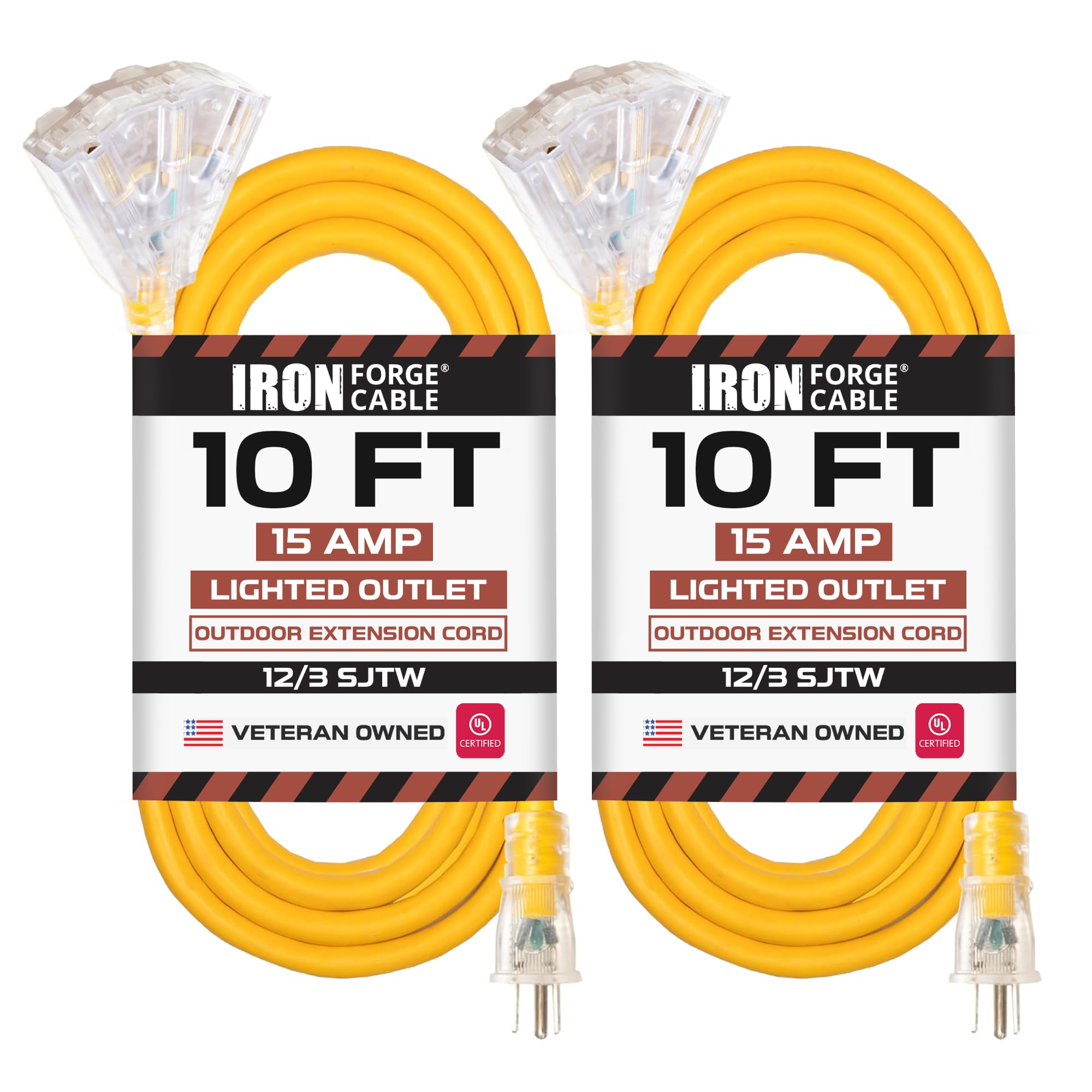 Iron Forge Cable 3 Outlet Lighted Outdoor Extension Cord 10 Ft 2 Pack   12 Gauge 15 Amp Heavy Duty Power Extension Cords   Sjtw