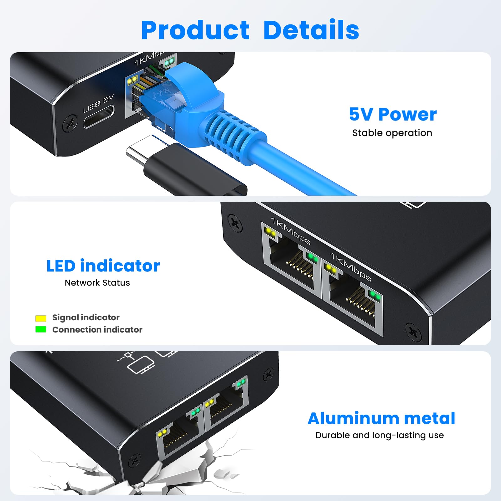 Gigabit Ethernet Splitter 1 To 2 High Speed 1000Mbps, Lan Network Splitter With Usb Power Cable, Gigabit Rj45 Internet Ethernet