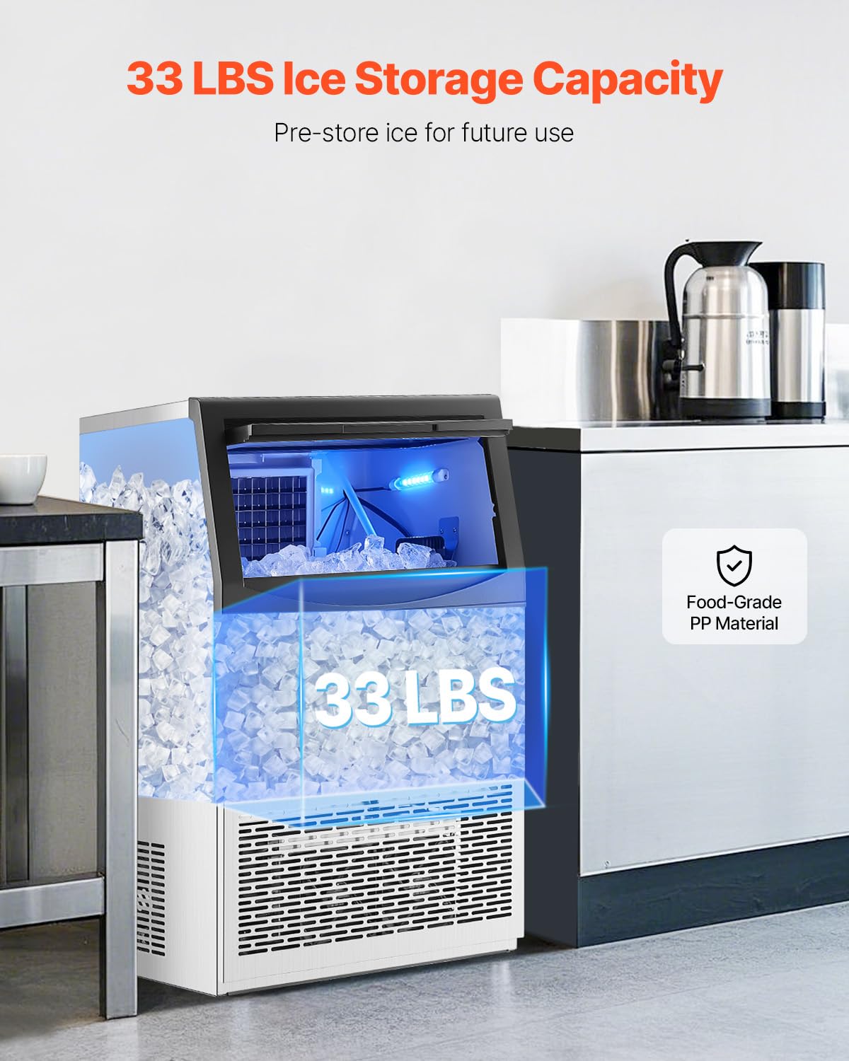 Vevor 90Lbs/24H Commercial Ice Maker Machine With Drain Pump, 33Lbs Storage Capacity Ice Maker, 50 Ice Cubes In 15 Minutes, Led