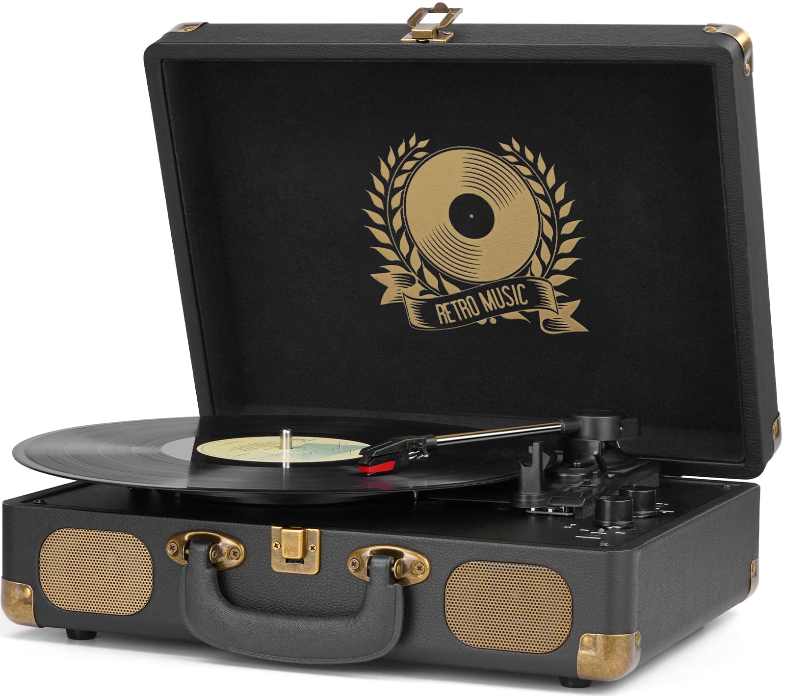 Vinyl Record Player Bluetooth Turntable 3-Speed Suitcase Portable Vintage Belt-Driven Record Player with Built-in Speakers RCA L