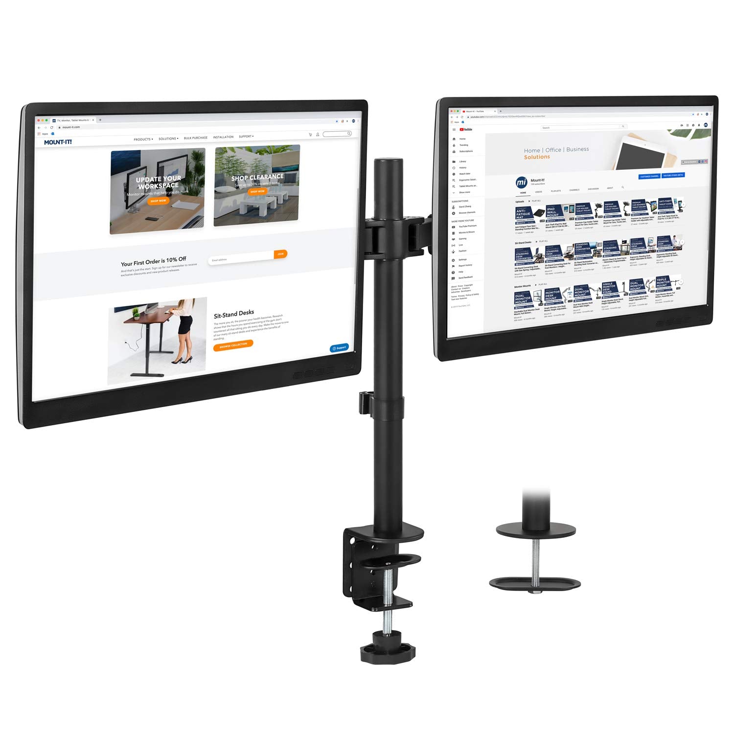 Mount-It! Dual Monitor Mount | Double Monitor Desk Stand | Interchangeable C-Clamp and Grommet Base | Two Heavy Duty Height Adju