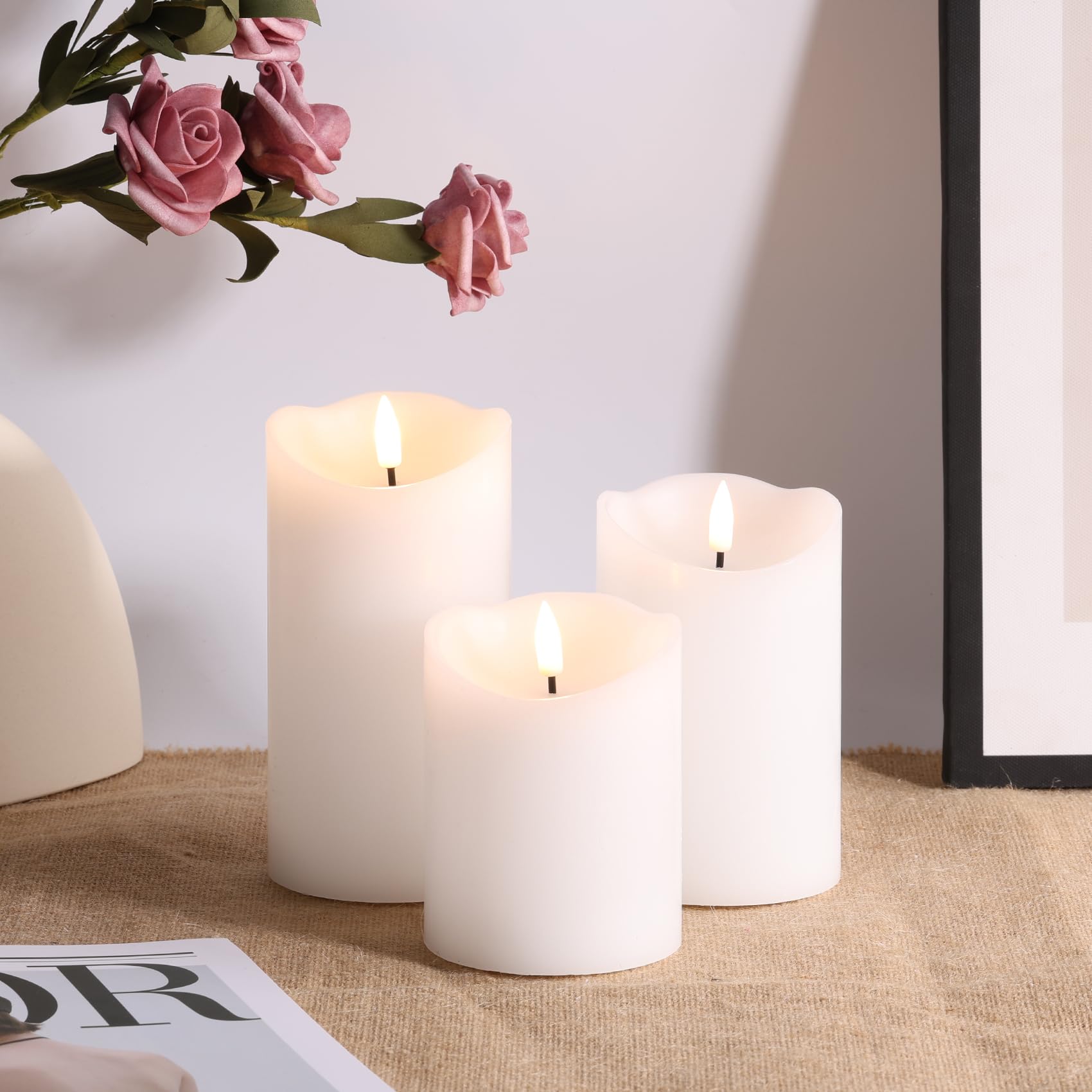 Girimax White Real Wax Flameless Pillar Candles With Remote, Flickering Battery Operated Led Candles F 3'' H 4'' 5'' 6''