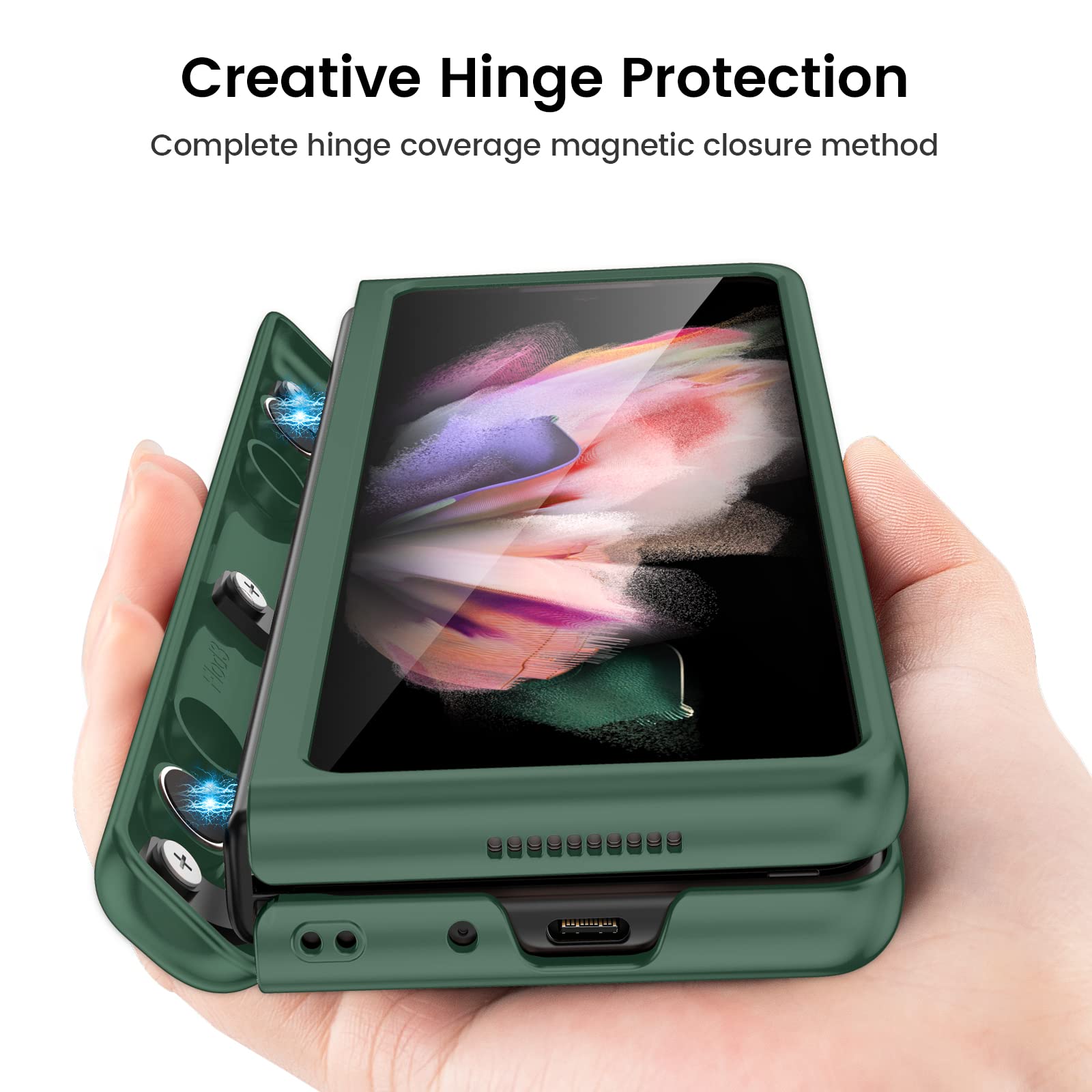 Ruky Samsung Galaxy Z Fold 3 Phone Case Hinge Coverage Built-in Screen Protector Hard PC Green Shockproof