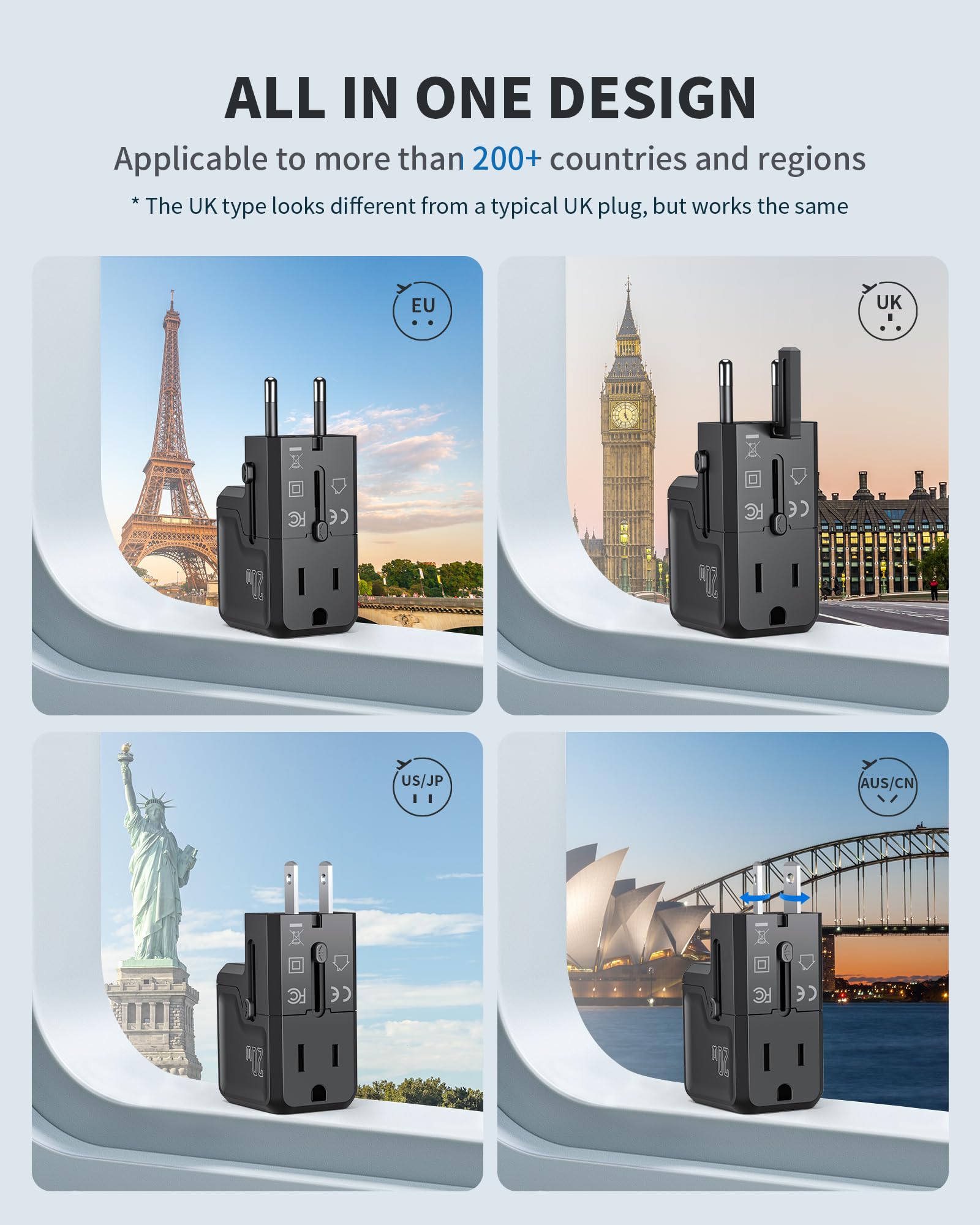 Epicka Universal Travel Adapter, International Plug Adapter Wall Charger With 20W Usb C Pd & Usb A Qc, All In One Pocket Size Ad