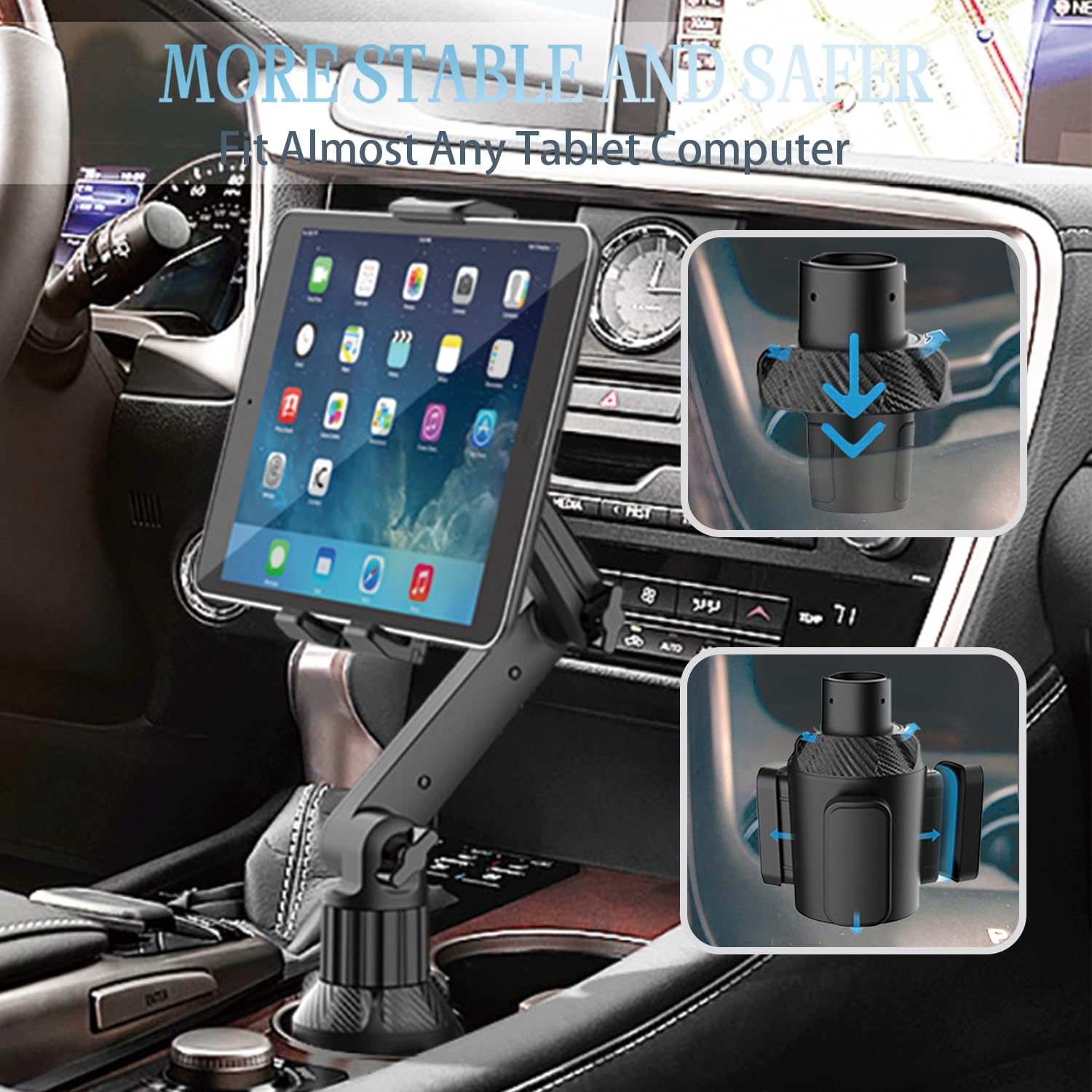 Wuitin Cup Holder Car Tablet Mount For Car, 360 Adjustable 15'' Long 2 Arm Stand Holder For Ipad,Samsung Galaxy Tab/Z Fold 4/3,