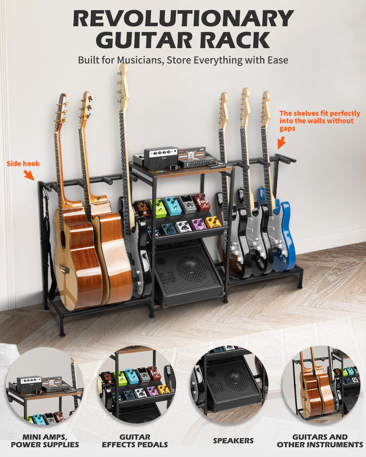 Strich Guitar Stand - Multiple Guitar Rack With Pedals Organizer For Acoustic, Electric, Bass, Amp Accessories - Display Stand F