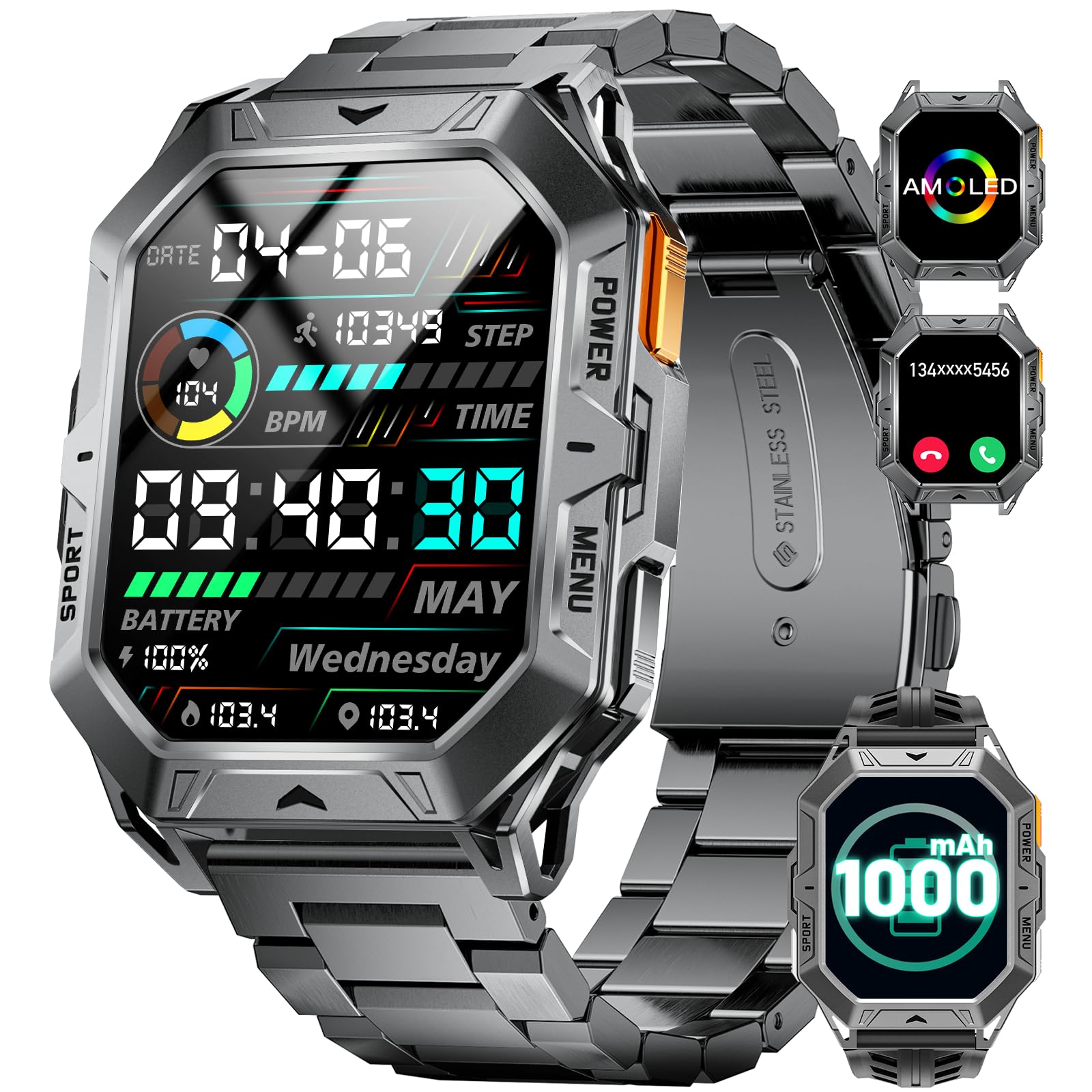 Hirreo Military Smart Watch For Men, 2.13'' Amoled Smartwatch, 80 Days Long Battery, 100+ Sport Mode/Ip68 Waterproof Fitness Tra