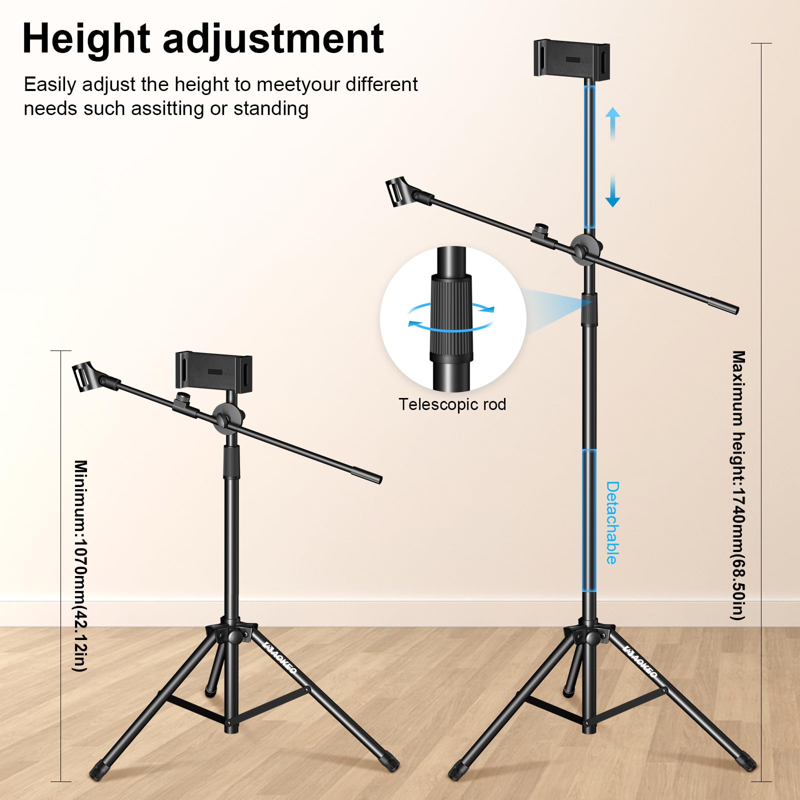 Boom Mic Stand,Aokeo Microphone Stand Floor Tablet Mic Stand Tripod Adjustable 42-68 Inch Portable Mic Stand Boom Carrying Bag,S